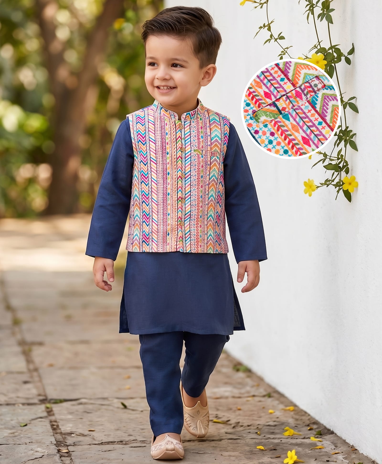 Babyhug Cotton Blend Woven Full Sleeves Kurta Pyjama Set With Sequinned & Printed Jacket - Navy Blue-image-49