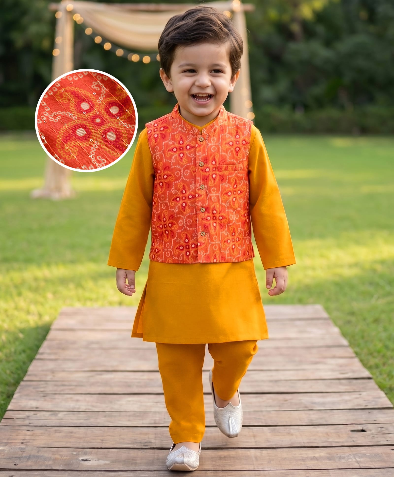 Babyhug Cotton Blend Woven Full Sleeves Kurta Pyjama Set With Sequinned & Printed Jacket - Mustard-picture-15