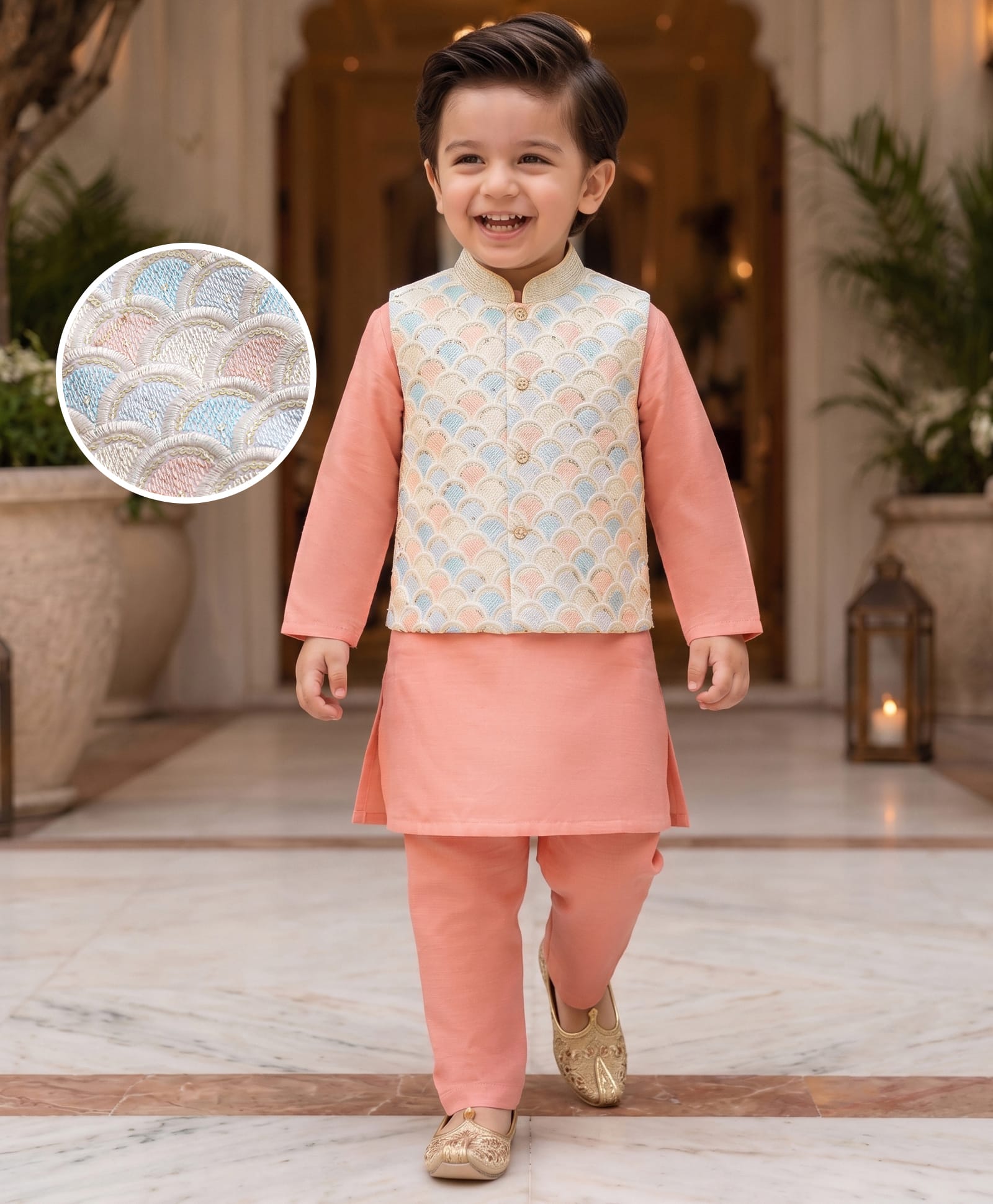 Babyhug Cotton Blend Woven Full Sleeves Kurta Pyjama Set with Embroidered Nehru Jacket - Peach-image-9