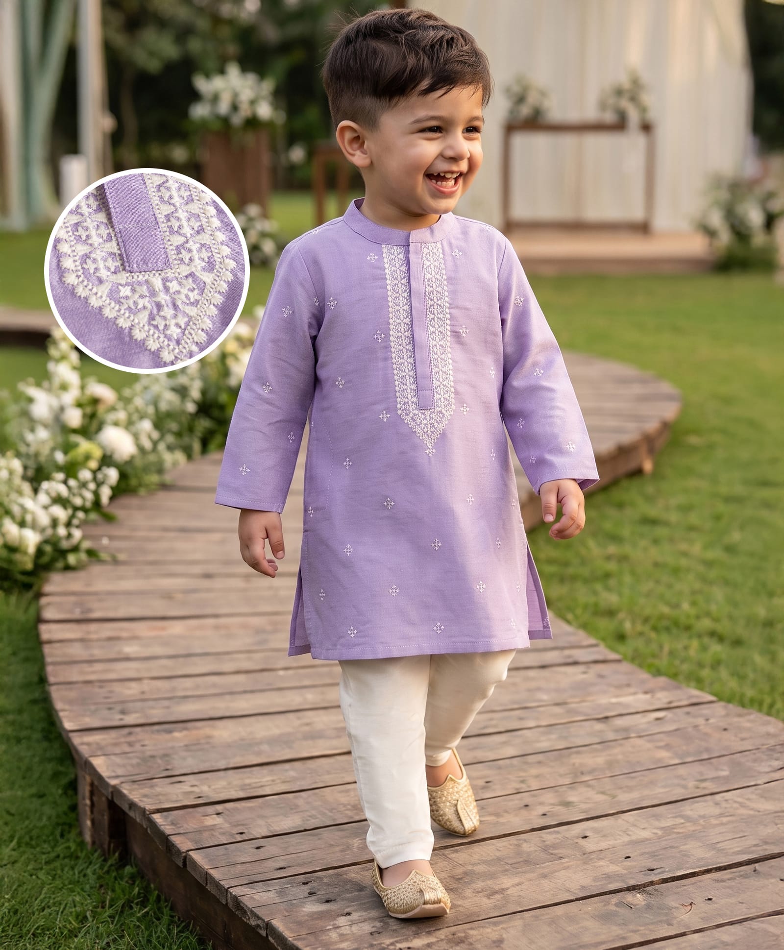 Babyhug Cotton Blend Woven Full Sleeves Floral Embroidered Kurta & Pyjama Set - Lavender-picture-11