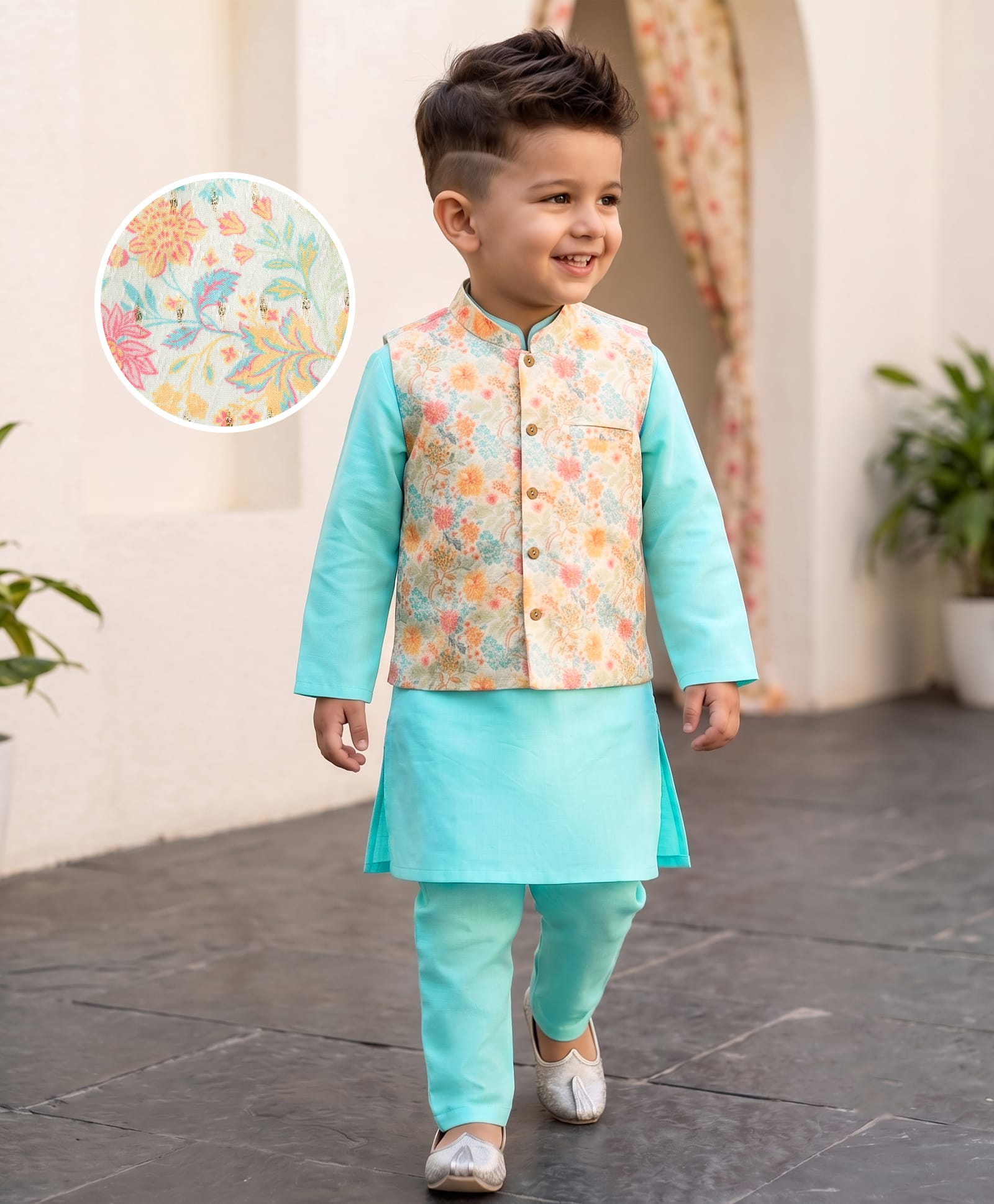 Babyhug Cotton Blend Woven Full Sleeves Kurta Pyjama Set With Floral Printed Jacket - Blue-picture-19