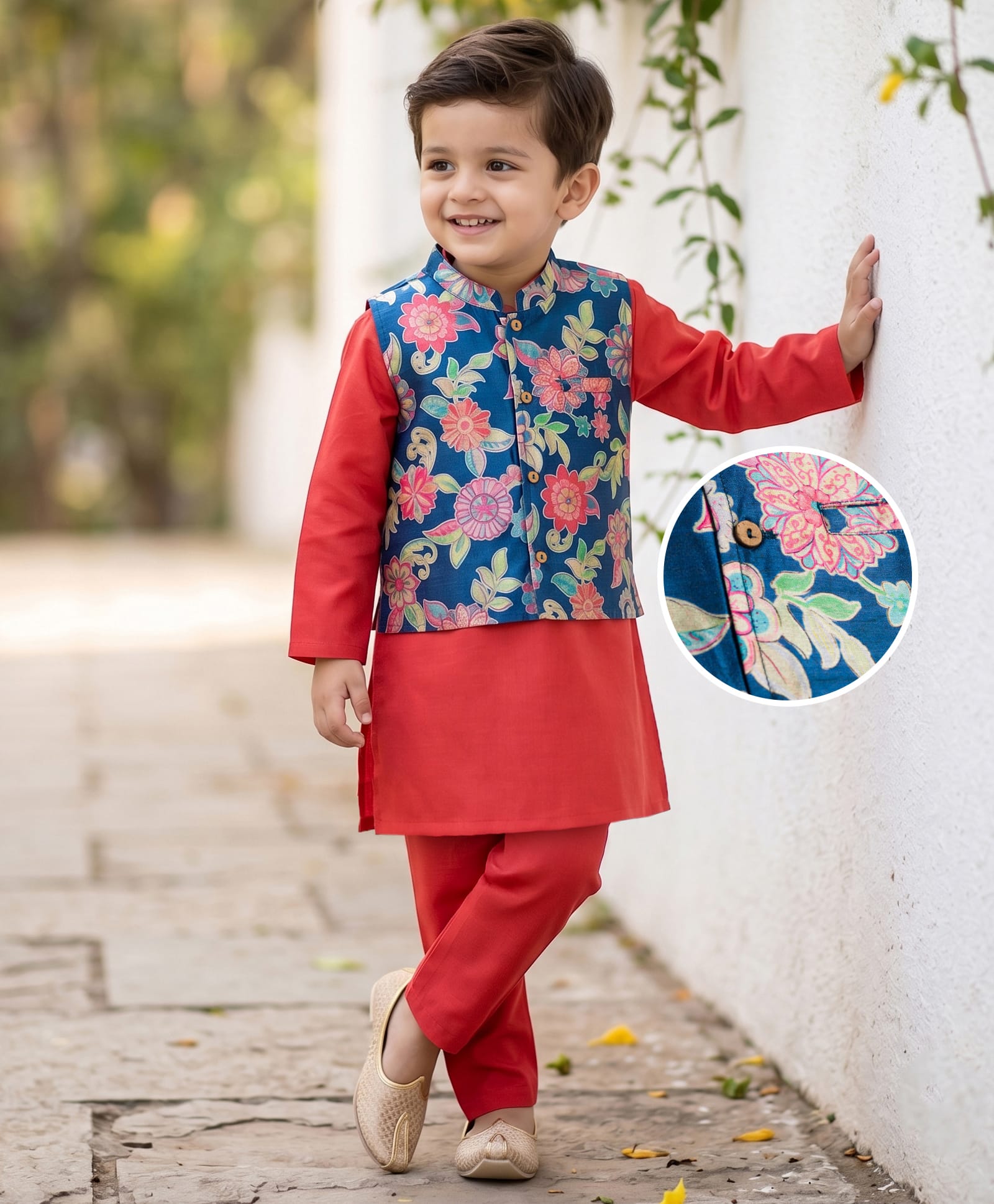 Babyhug Cotton Blend Woven Full Sleeves Kurta Pyjama Set With Floral Printed Jacket - Red-image-41