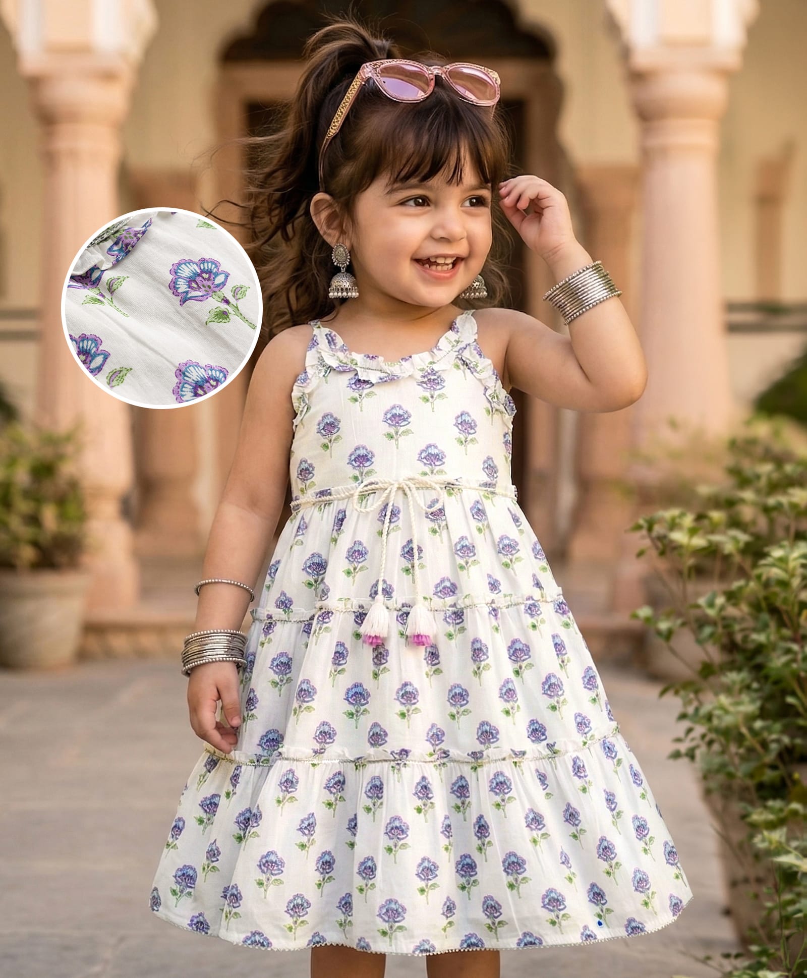 Babyhug Cambric Woven Sleeveless Ethnic Dress With Floral Print - White-image-18