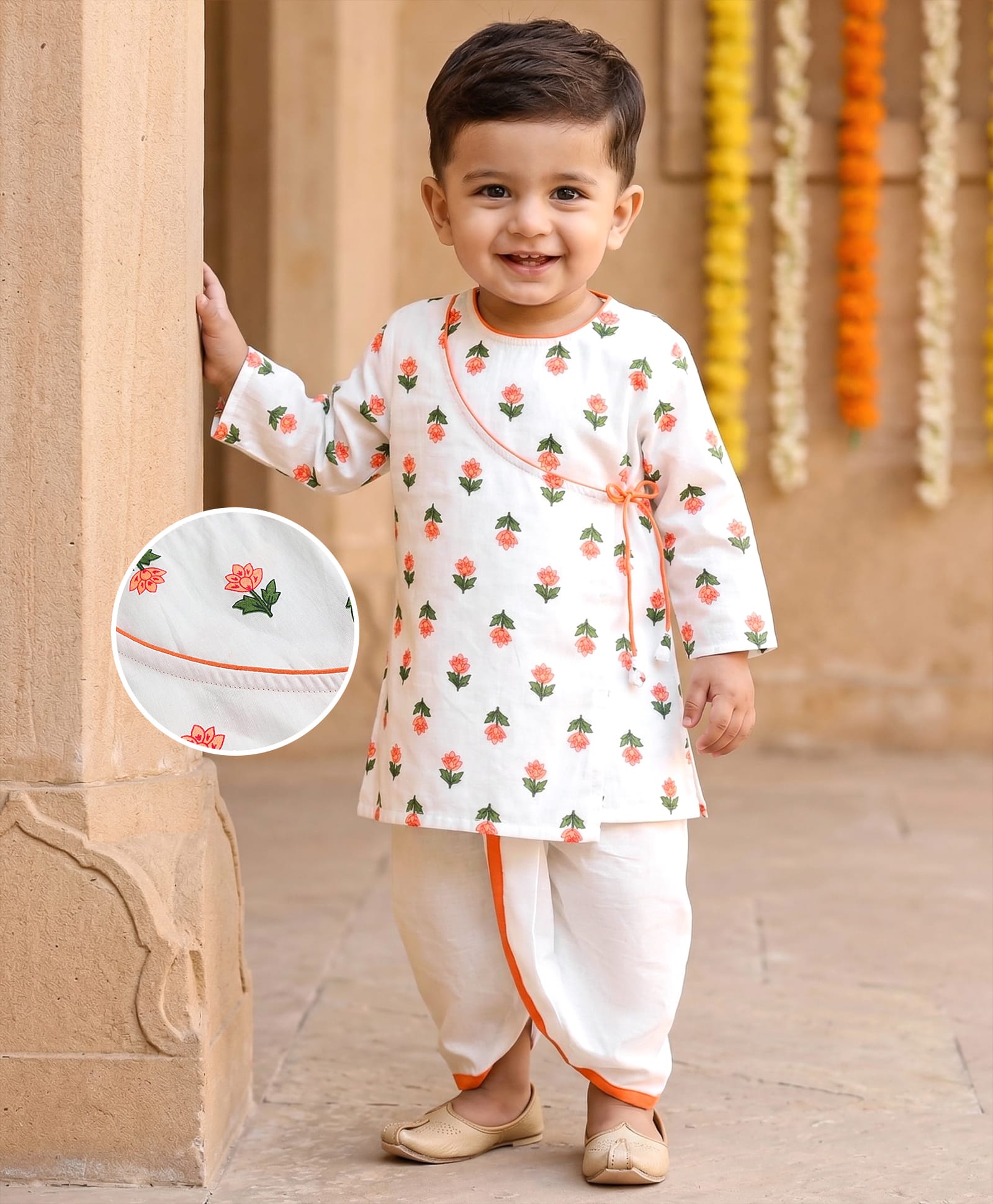 Babyhug Cambric Woven Full Sleeves Floral Printed Kurta Dhoti Set - White-picture-10