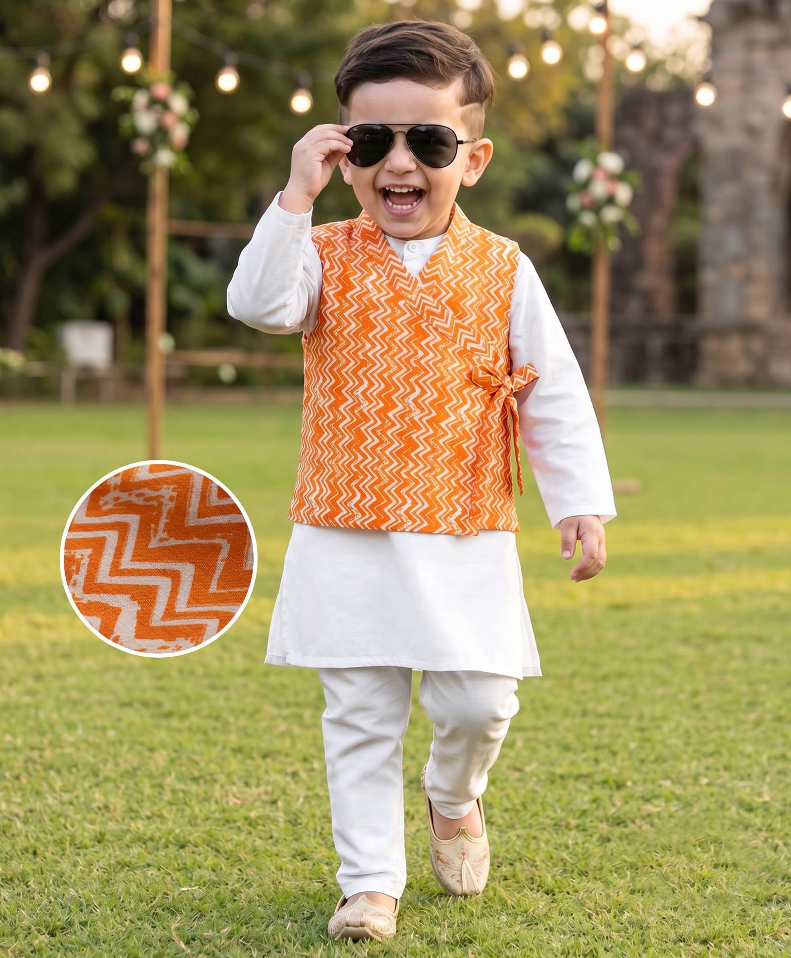 Babyhug Cambric Woven Full Sleeves Kurta Pyjama Set with Printed Nehru Jacket - Orange-picture-26