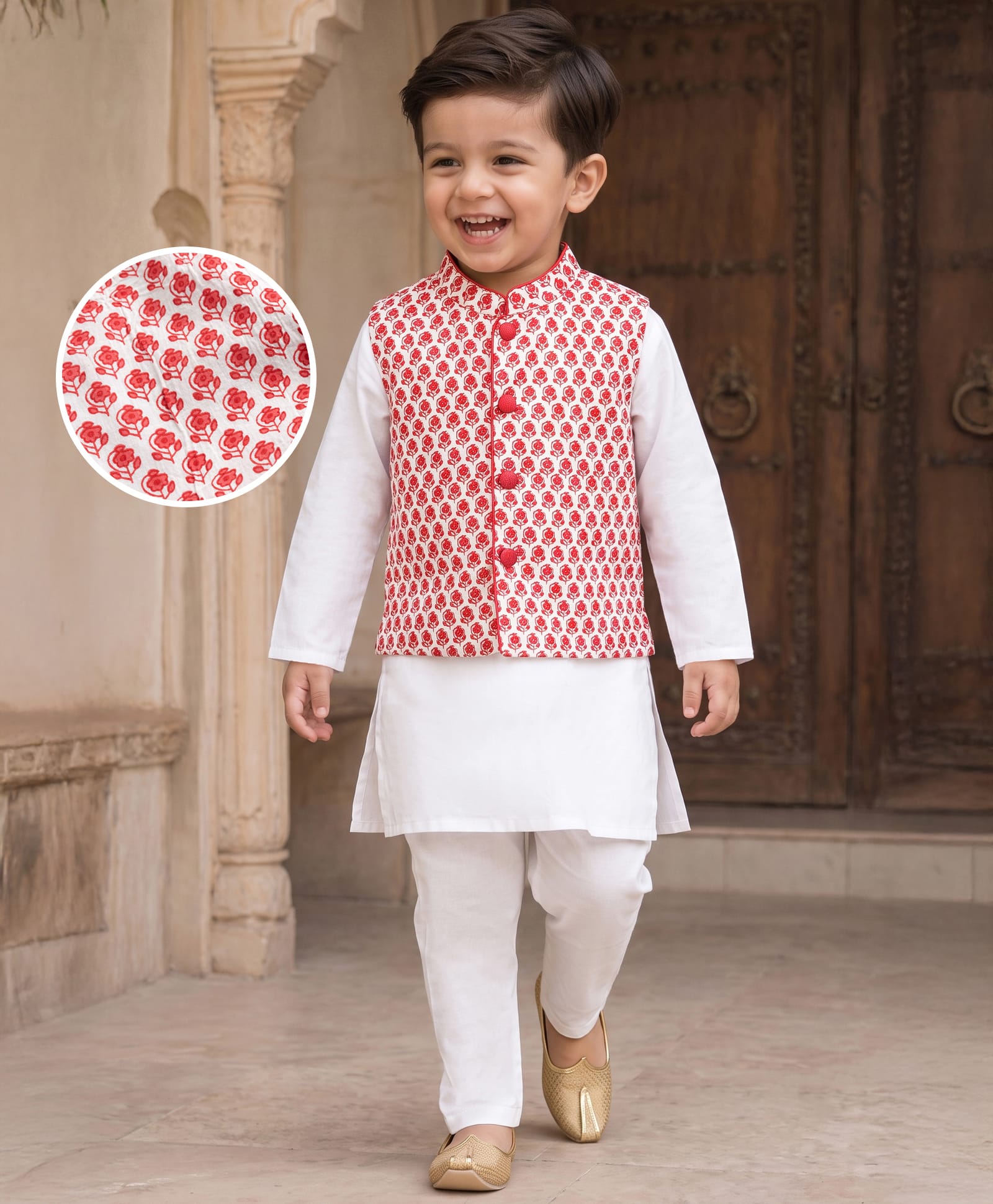 Babyhug Cambric Woven Full Sleeves Kurta Pyjama Set with Floral Printed Nehru Jacket - Red-picture-17