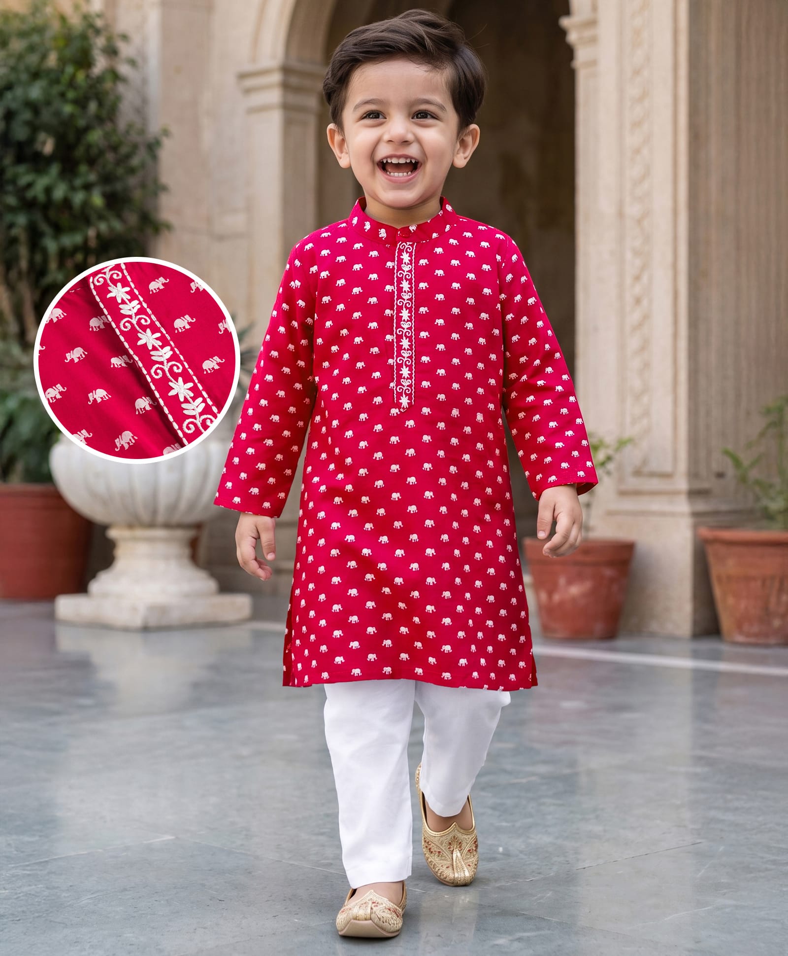 Babyhug Cambric Woven Full Sleeves Kurta Pyjama Set With Elephant Print - Red-image-20