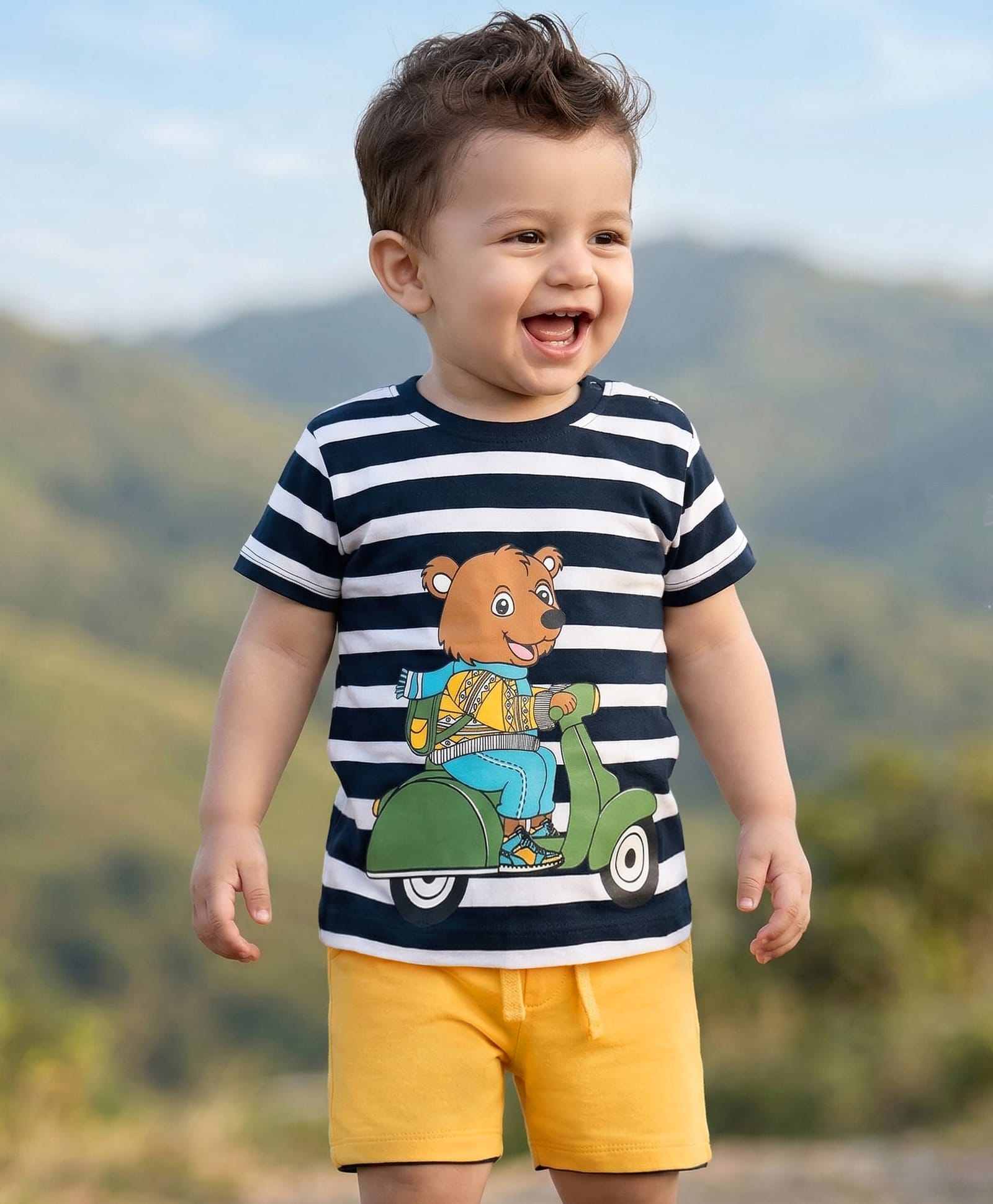 Babyhug 100% Cotton Knit Half Sleeves Striped & Animal Printed T-Shirt & Shorts Set - Yellow-image-46