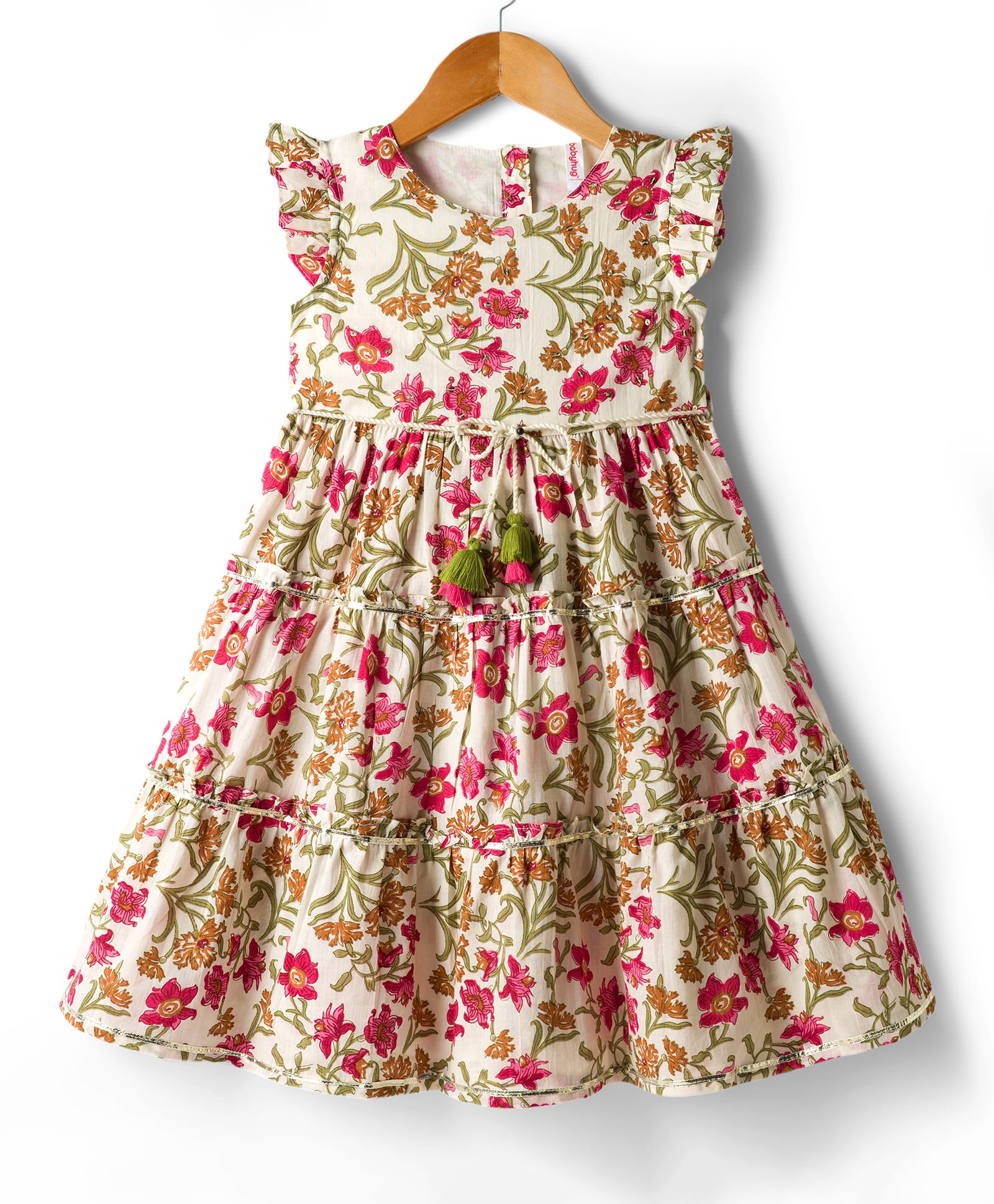 Babyhug Cambric Woven Sleeveless Ethnic Dress With Floral Print - White-image-21