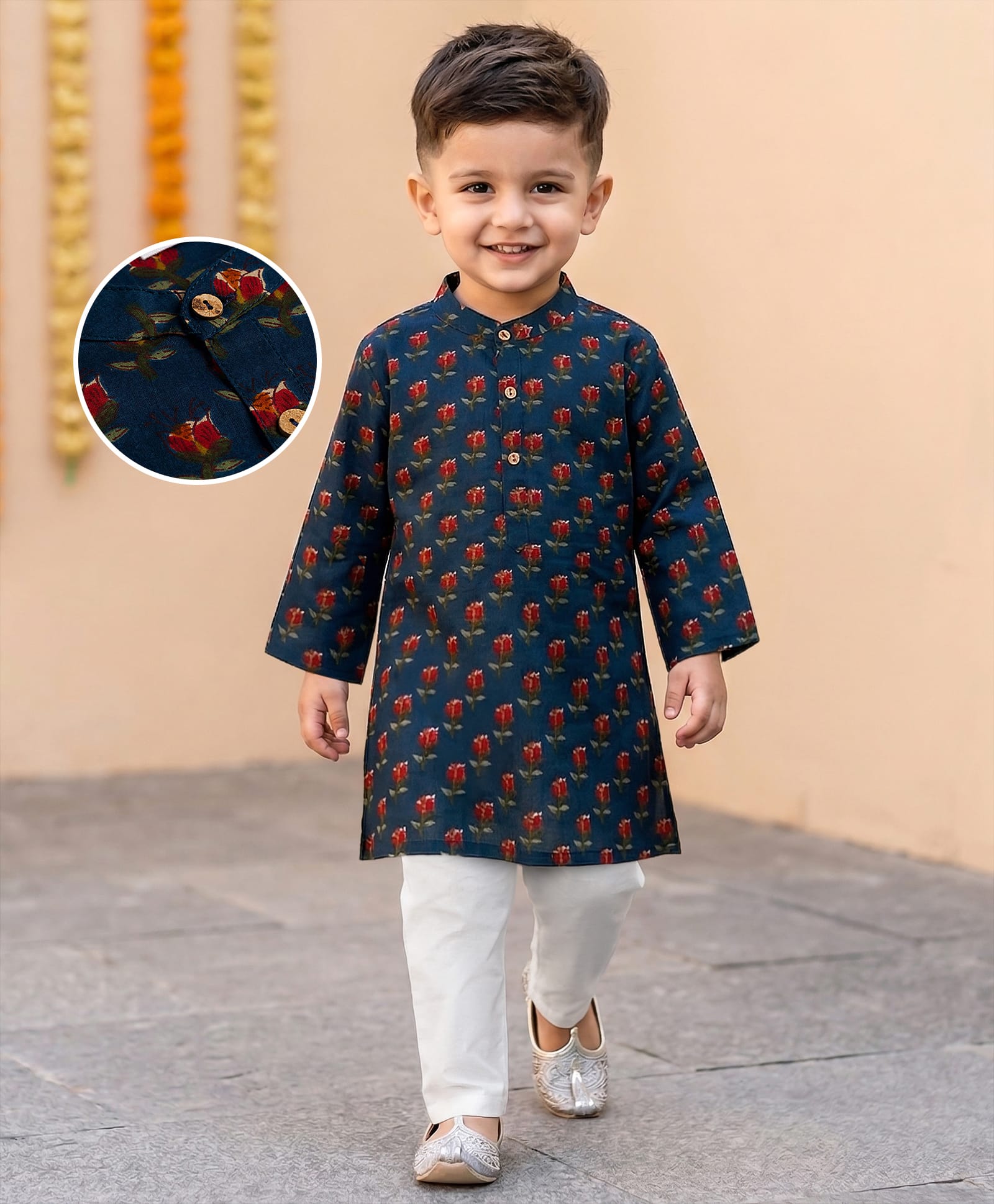 Babyhug Cambric Woven Full Sleeves Kurta Pyjama Set With Floral Print - Navy Blue-image-34