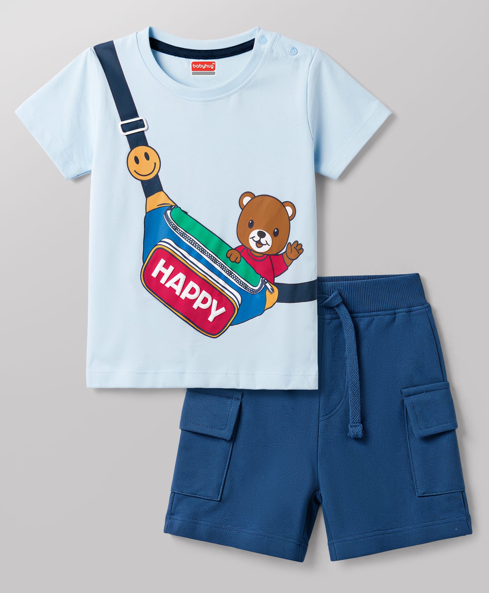 Babyhug Single Jersey Knit Half Sleeves T-Shirt & Shorts Set With Bear & Bag Print - Blue-picture-22