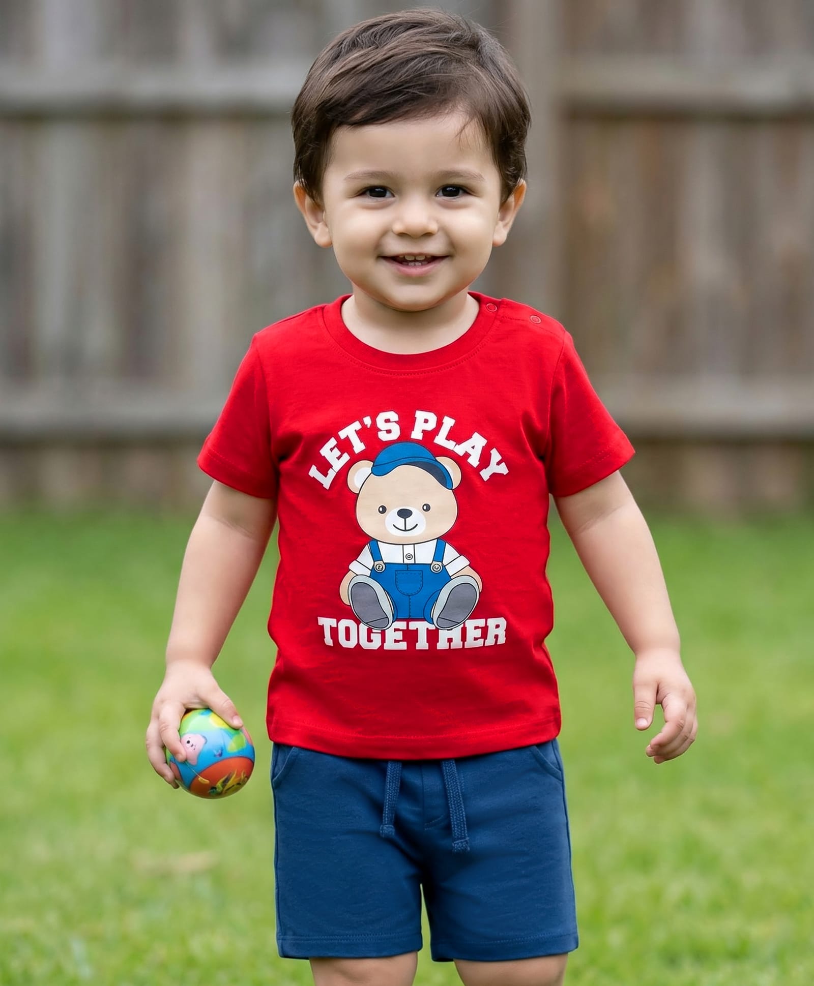 Babyhug 100% Cotton Knit Half Sleeves Bear Printed T-Shirt & Shorts Set - Red & Navy Blue-image-44
