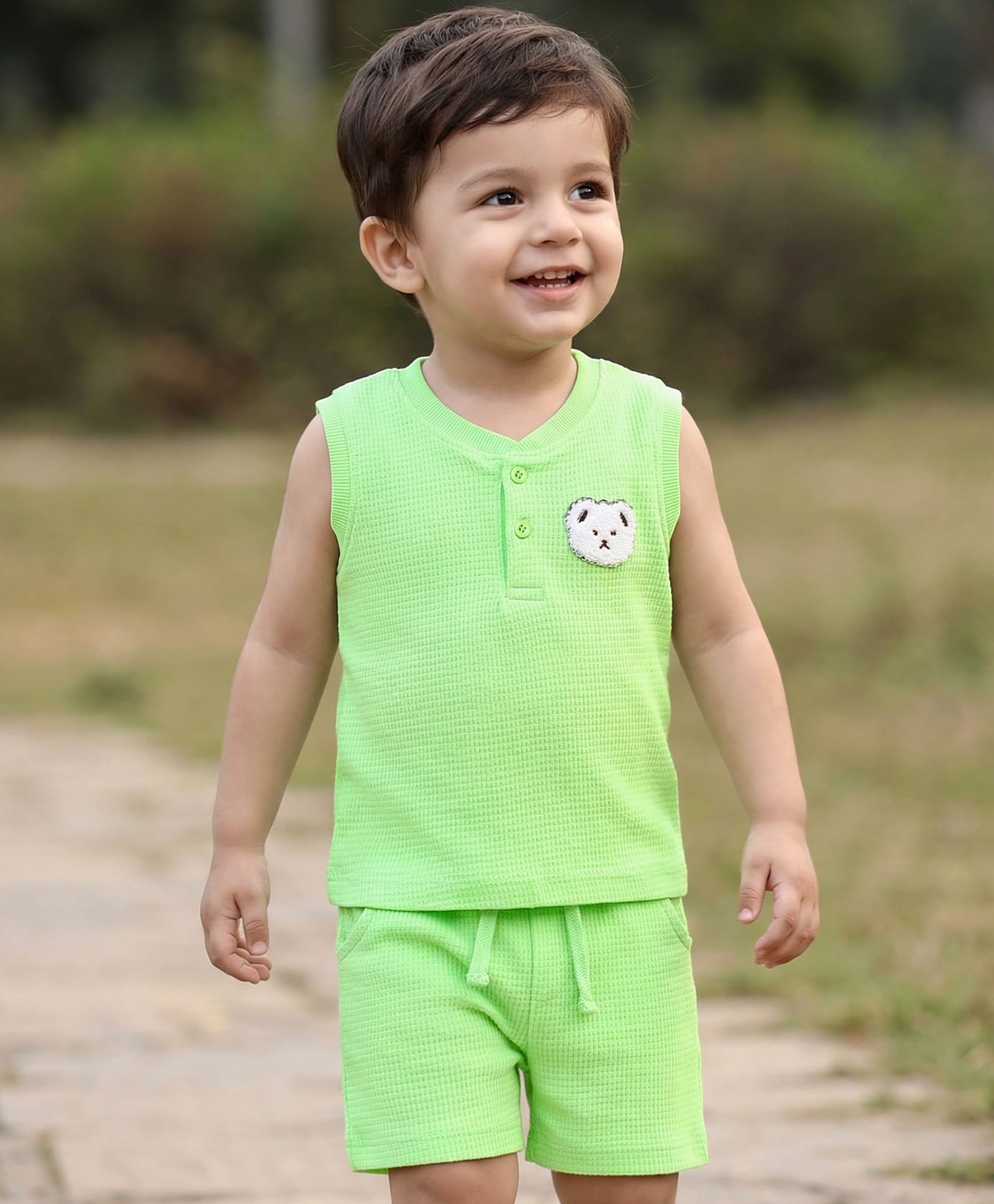 Babyhug Waffle Knit Sleeveless T-Shirt & Shorts Set With Animal Patch - Green-image-29
