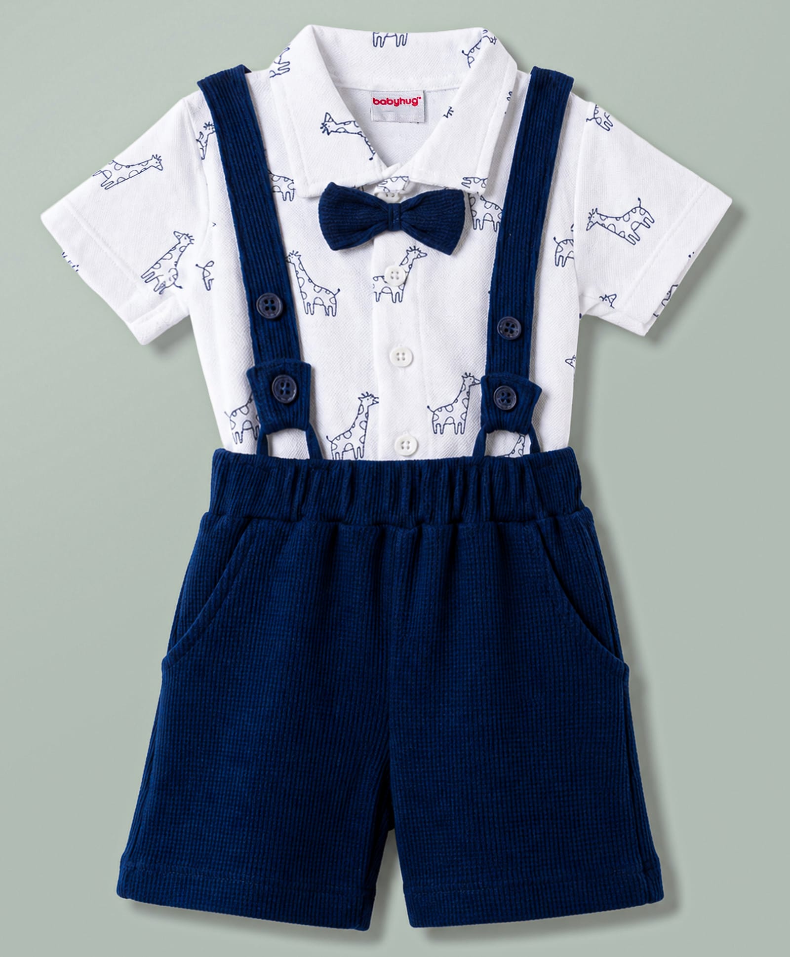 Babyhug Single Jersey Knit Half Sleeves Shirt & Shorts Set With Animal Print & Bow Applique - White & Navy Blue-picture-15