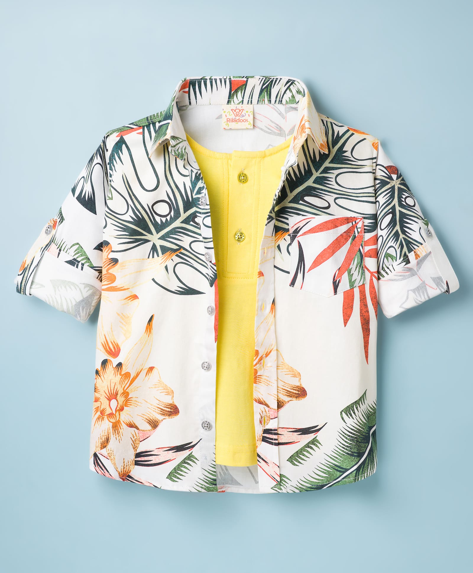 Rikidoos Cotton Knit Full Sleeves Shirt With Attach T-Shirt & Floral Print - Offwhite & Yellow-image-46