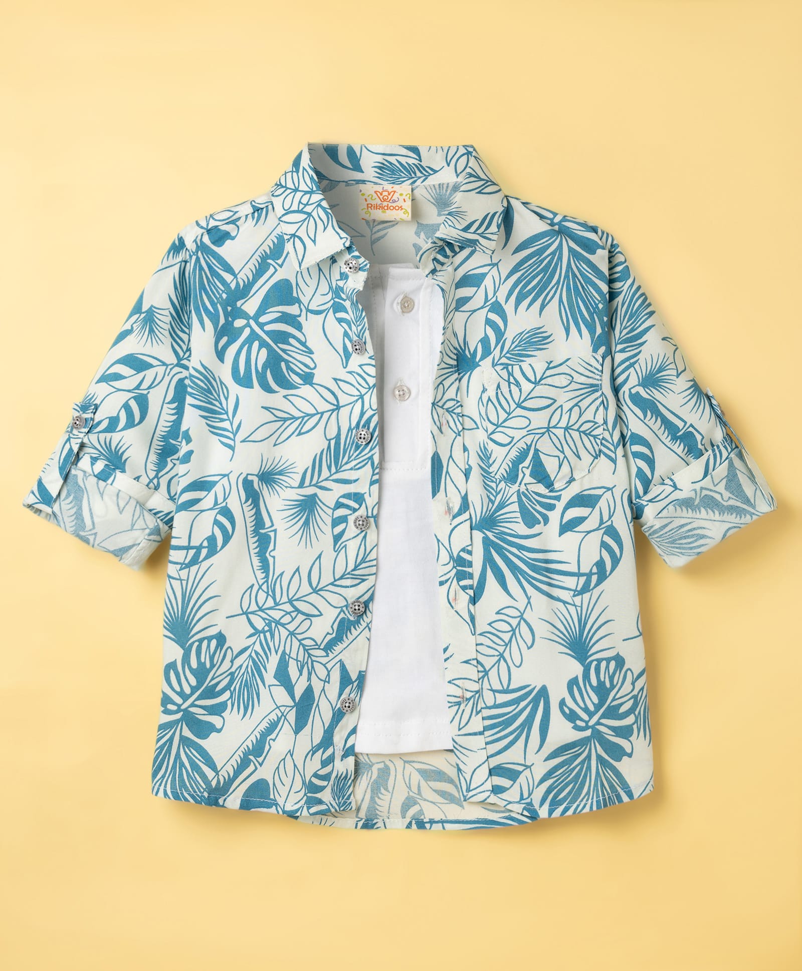 Rikidoos Cotton Woven Full Sleeves T-Shirt With Attached Shirt & Floral Print - Blue & White-picture-7