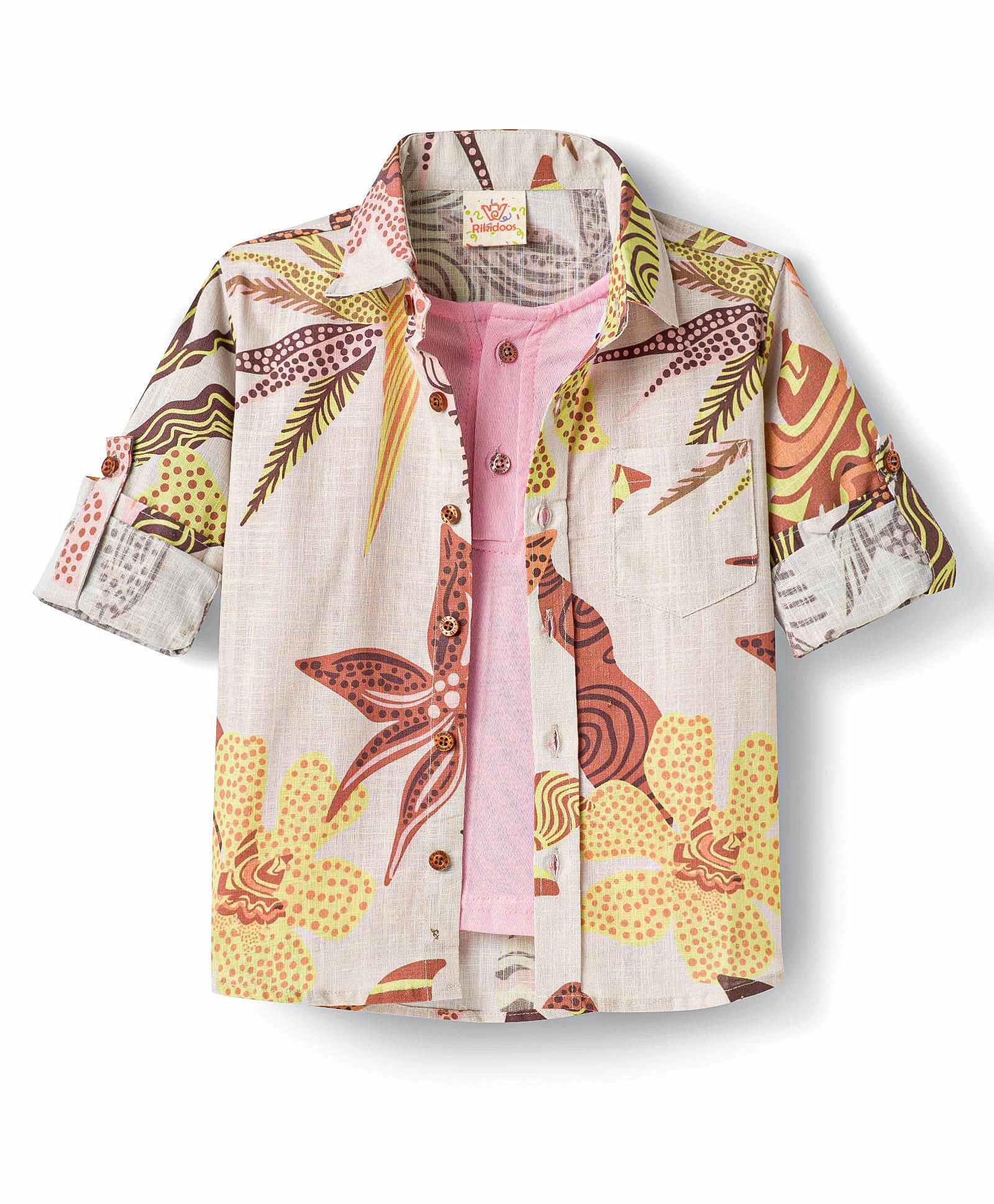 Rikidoos Cotton Woven Full Sleeves Shirt With Attached T-Shirt & Floral Print - Beige & Pink-picture-27