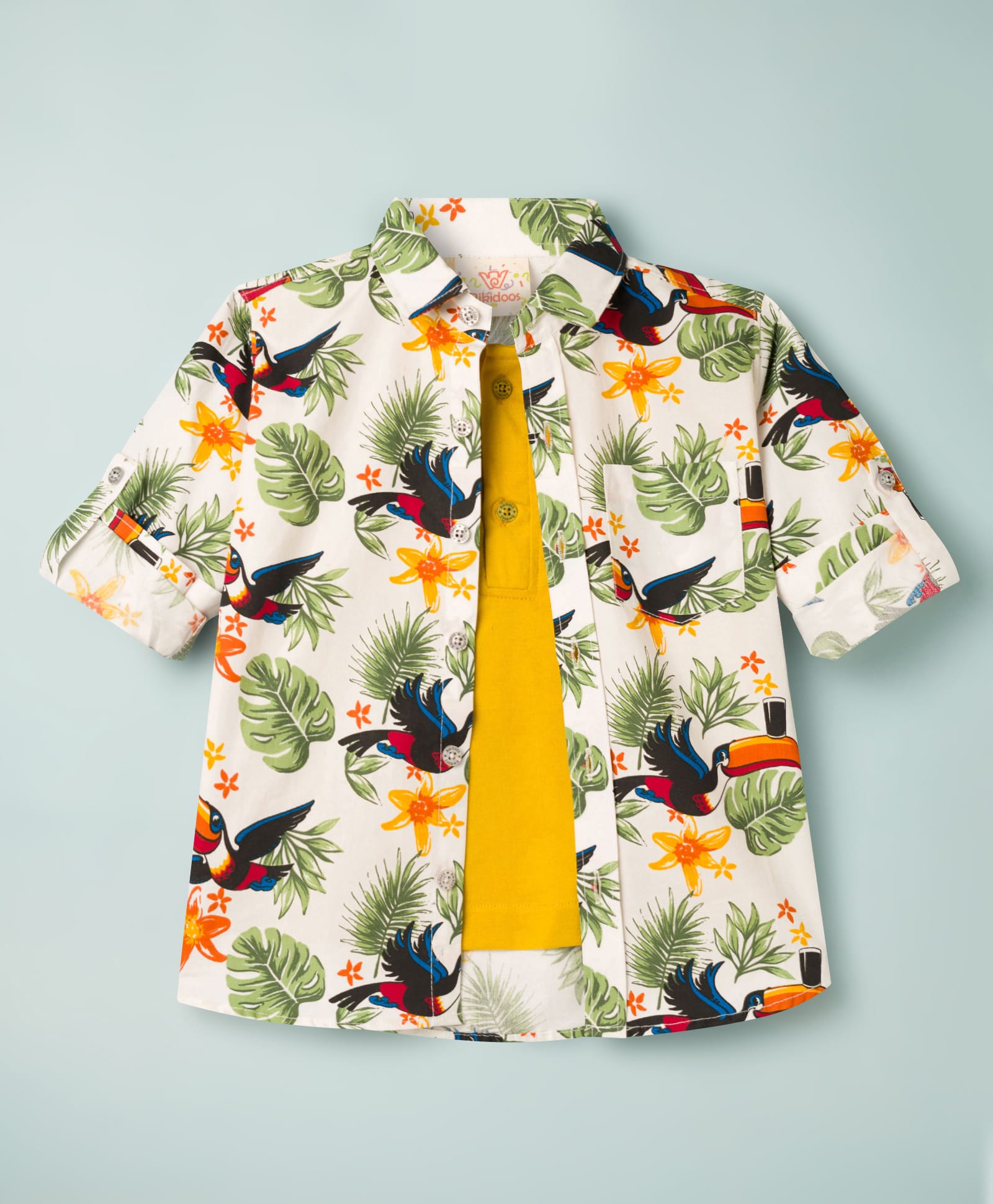 Rikidoos Cotton Woven Full Sleeves T-Shirt With Attached T-Shirt & Floral Print - Mustard & White-picture-28