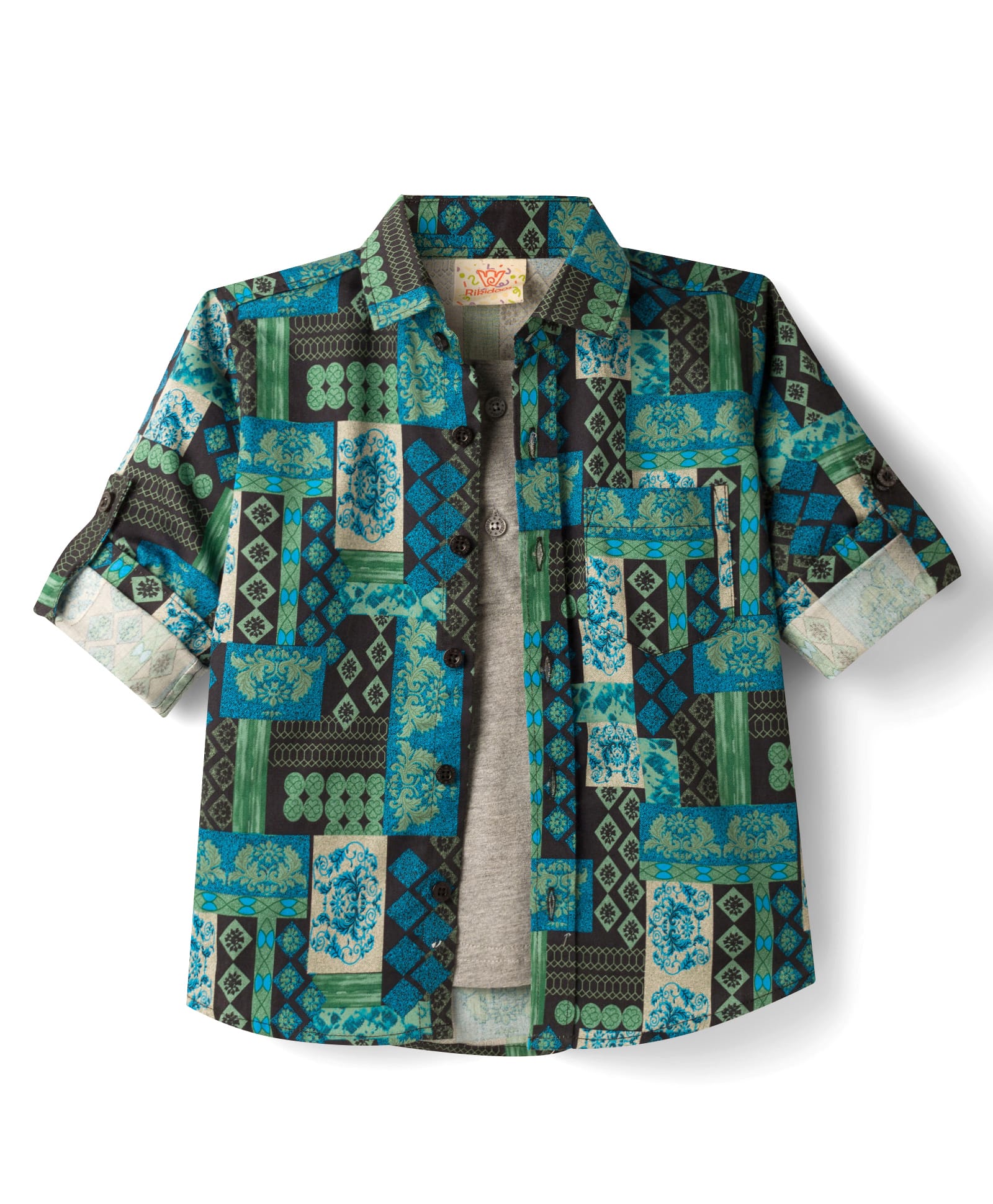 Rikidoos Cotton Woven Full Sleeves Printed Shirt With Attached T-Shirt - Blue & Grey-image-35