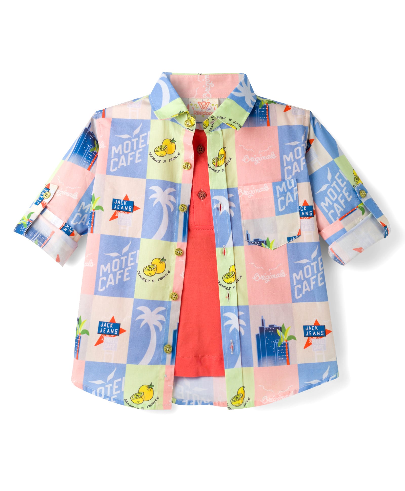 Rikidoos Cotton Woven Full Sleeves Shirt With Attached T-Shirt & Tropical Print - Peach & Blue-image-7