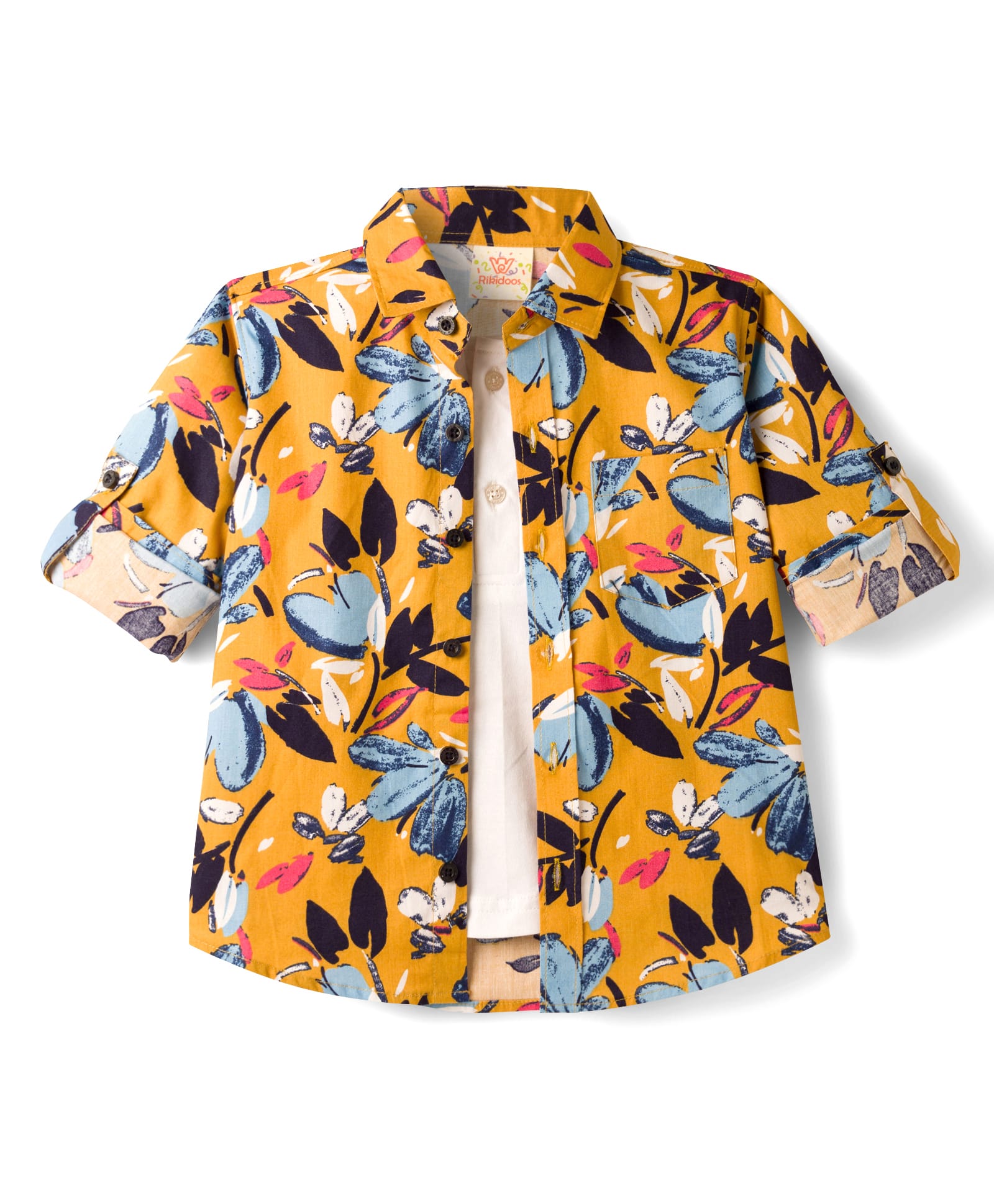 Rikidoos Cotton Woven Full Sleeves Shirt With Attached T-Shirt & Floral Print - Khaki & White-picture-0