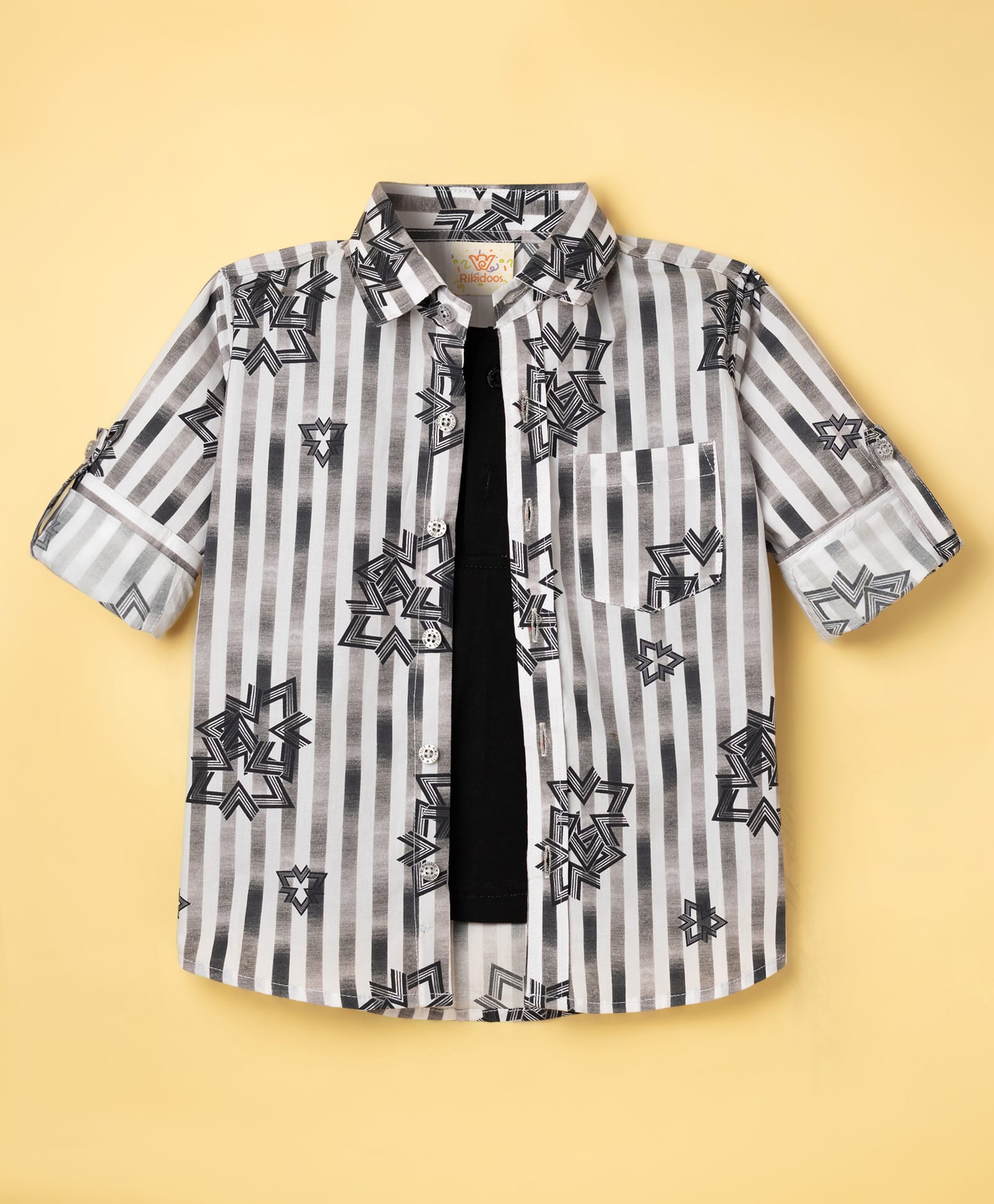Rikidoos Cotton Woven Full Sleeves Printed Shirt With Attached T-Shirt - Black & Grey-image-9