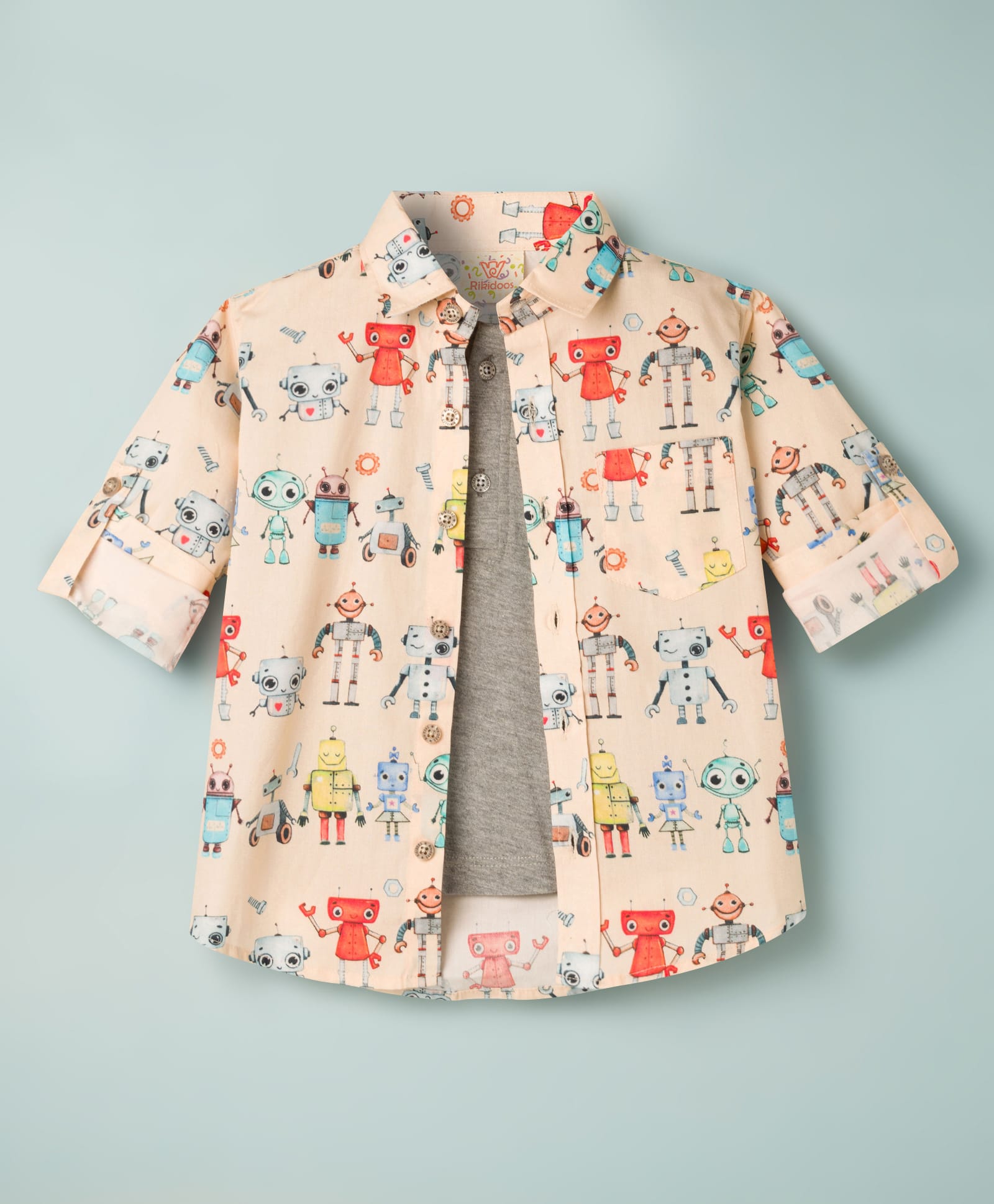 Rikidoos Cotton Woven Full Sleeves Shirt With Attached T-Shirt & Robot Print - Light Peach & Grey-picture-10