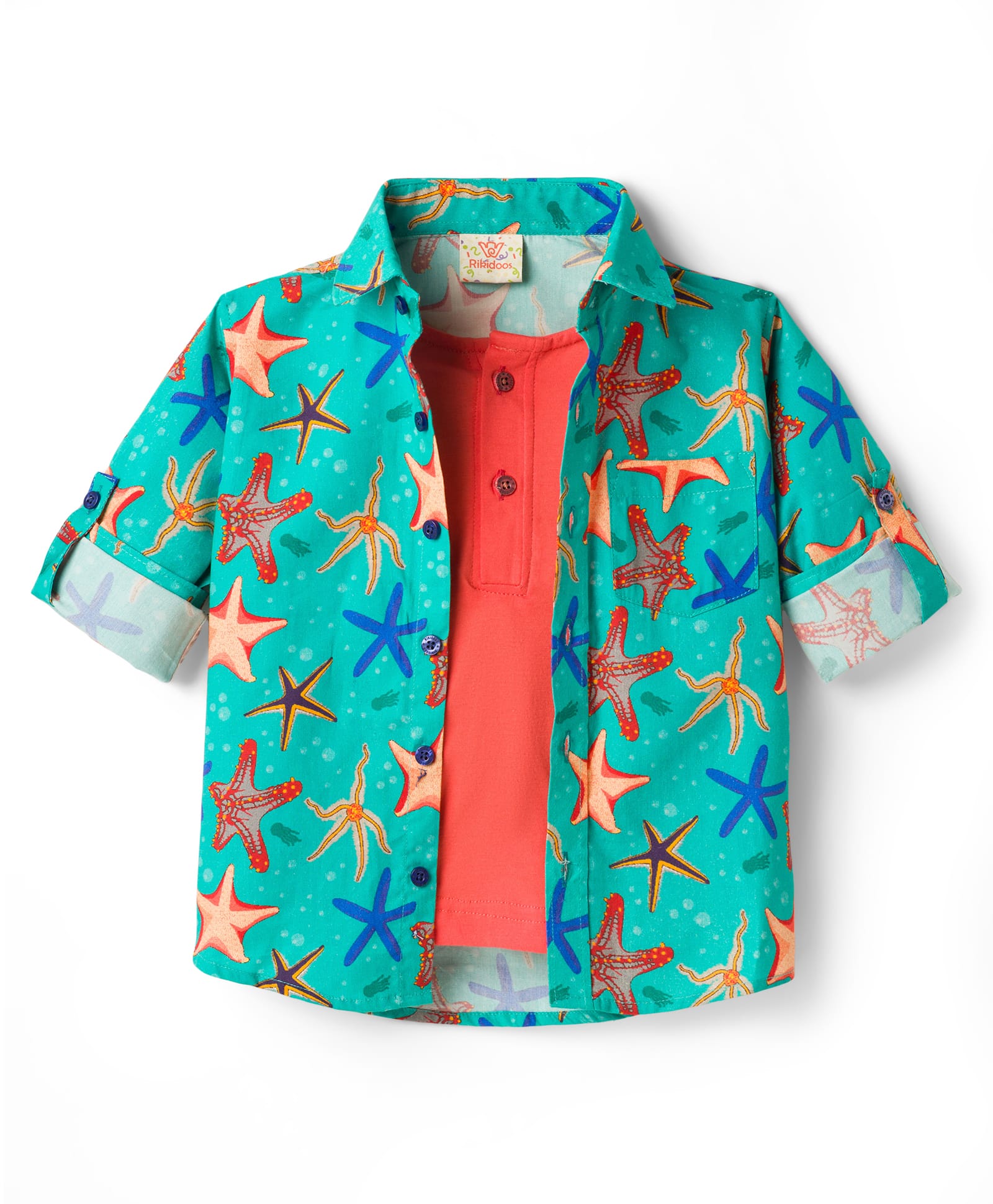 Rikidoos Cotton Woven Full Sleeves Shirt With Attached T-Shirt & Star Fish Print - Green & Peach-picture-5
