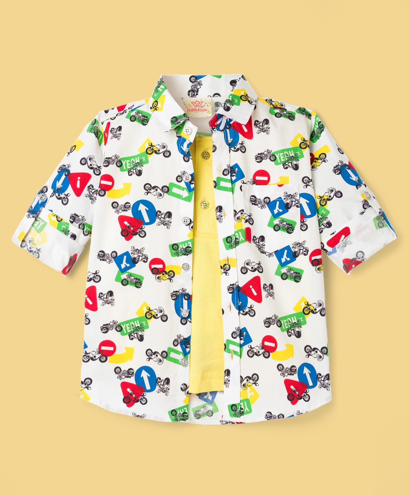 Rikidoos Cotton Woven Full Sleeves Shirt With Attached T-Shirt & Motorcycle Print - Lemon Yellow & White-image-47