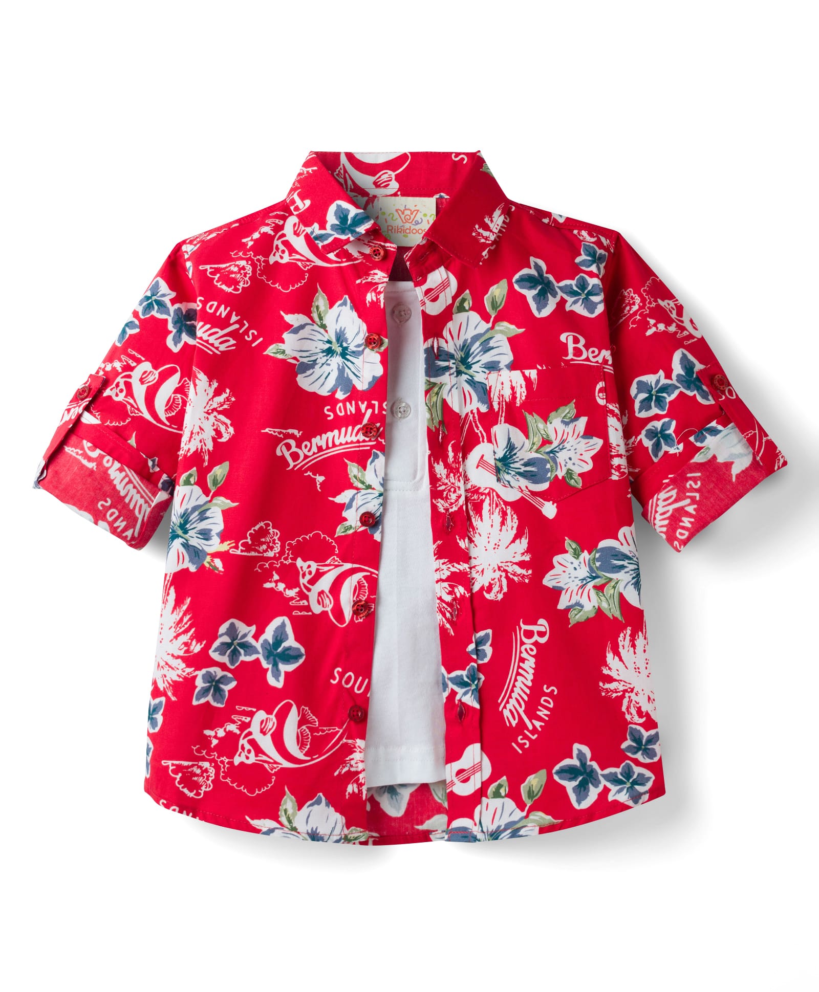 Rikidoos Cotton Woven Full Sleeves Shirt With Attached T-Shirt & Floral Print - Red & White-picture-10