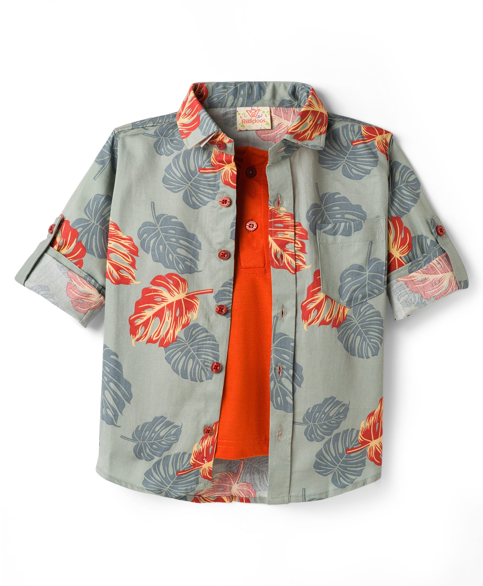 Rikidoos Cotton Woven Full Sleeves Shirt With Attached T-Shirt With Leaf Print - Grey & Orange-picture-15