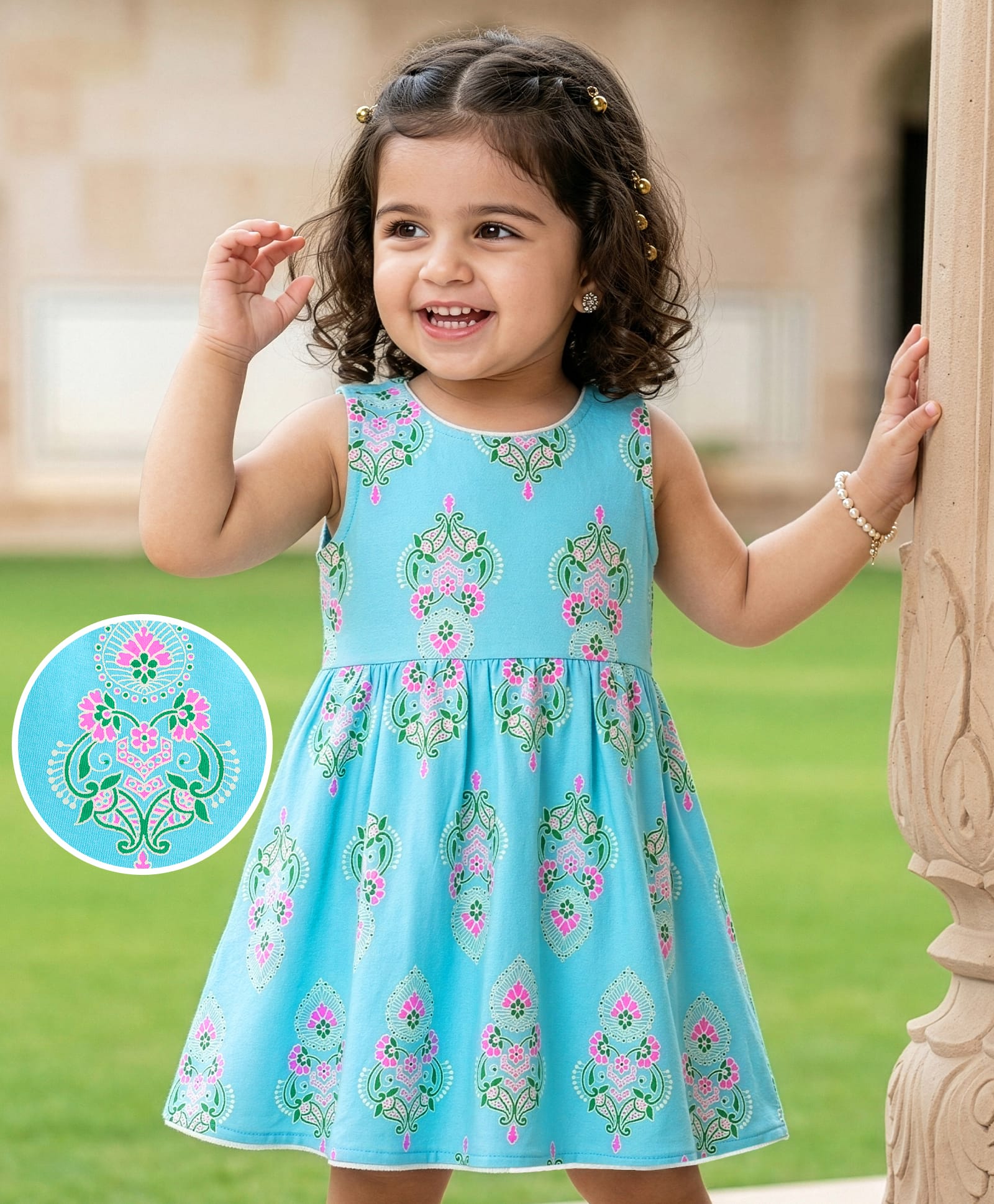 EARTHY TOUCH Cotton Knit Sleeveless Floral Printed Ethnic Dress - Light Blue-image-29
