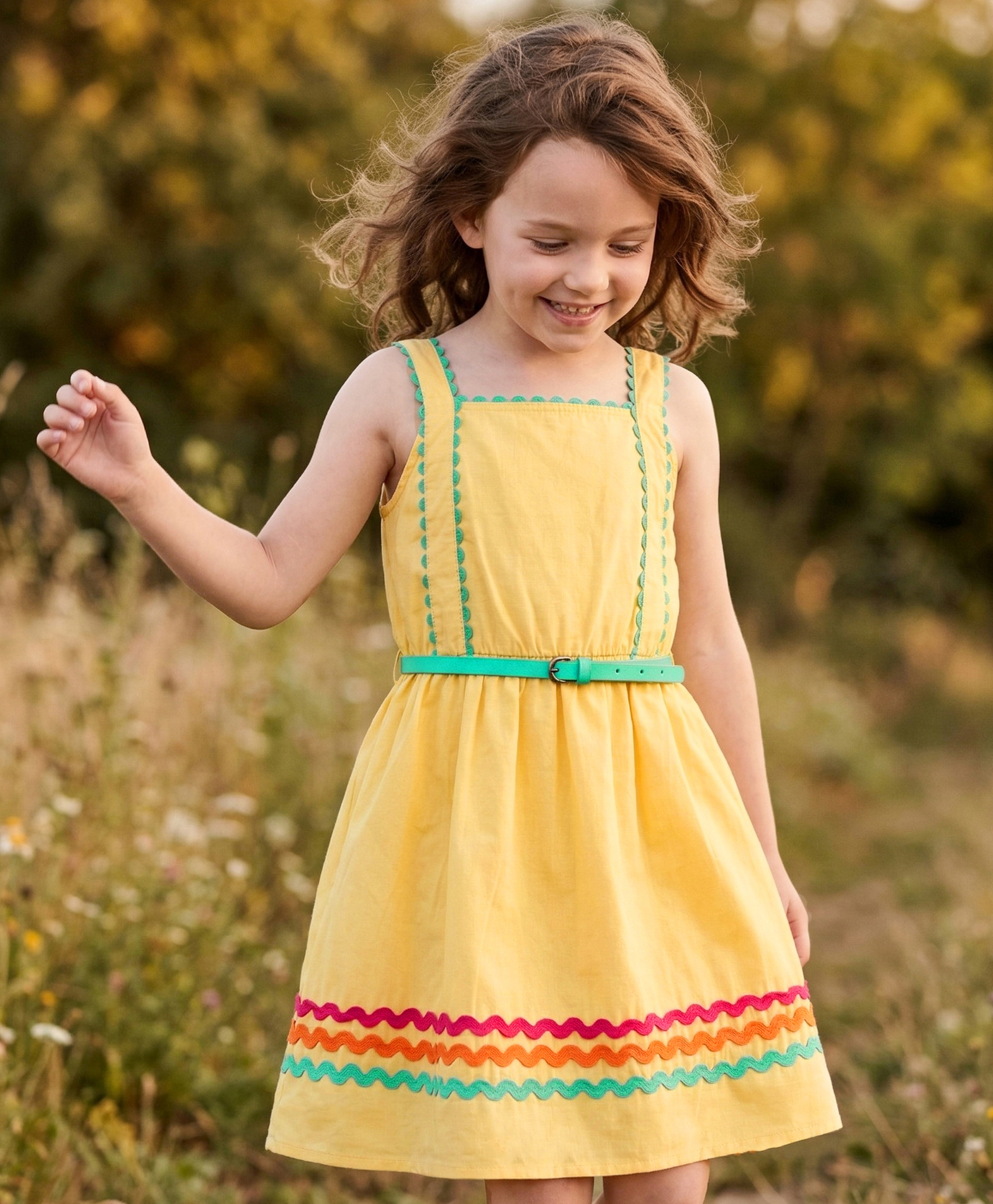 Hola Bonita Cotton Woven Sleeveless Solid Color Dress with Belt & Lace Detailing - Yellow-image-30
