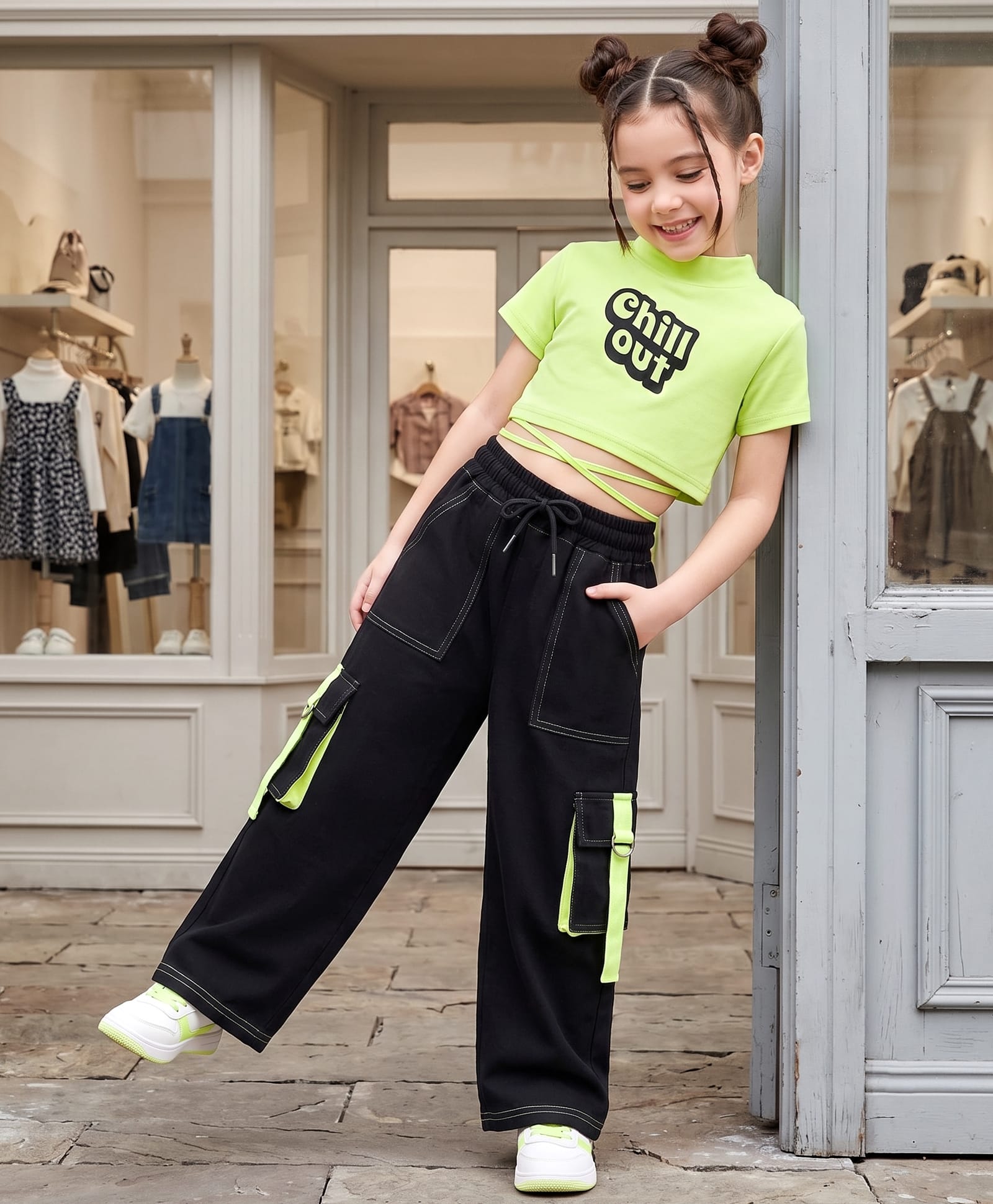 OLLINGTON ST. Cotton Knit Half Sleeve Top With Print & Culottes Set - Lime & Black-image-28