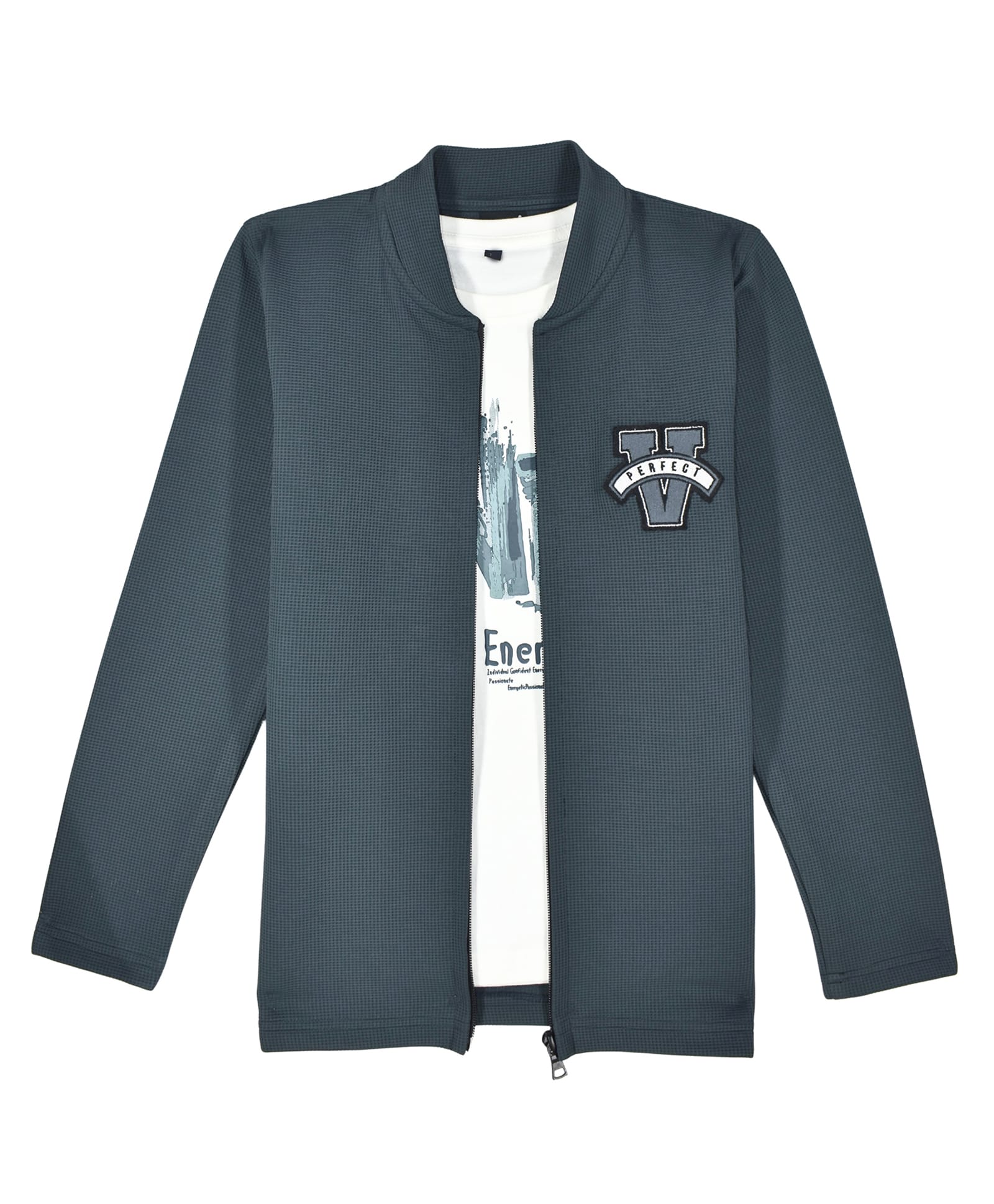 CAVIO Cotton Woven Full Sleeves V Alphabet Patch Detailed Jacket With Tee - Dark Grey-image-21