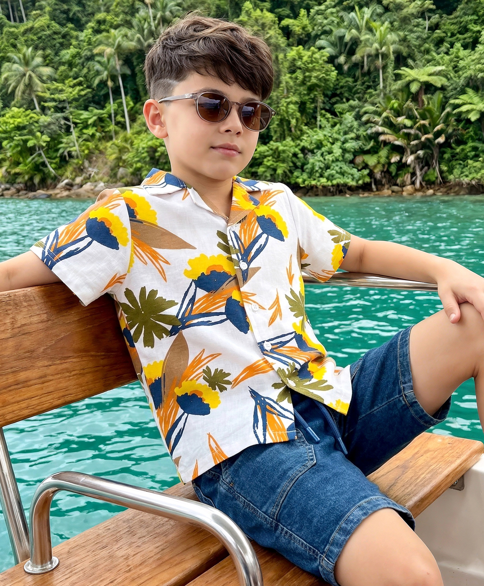 OLLINGTON ST. Cotton Knit Printed Half Sleeves Resort Collar Shirt & Denim Shorts Set - Multicolour & Indigo-image-27