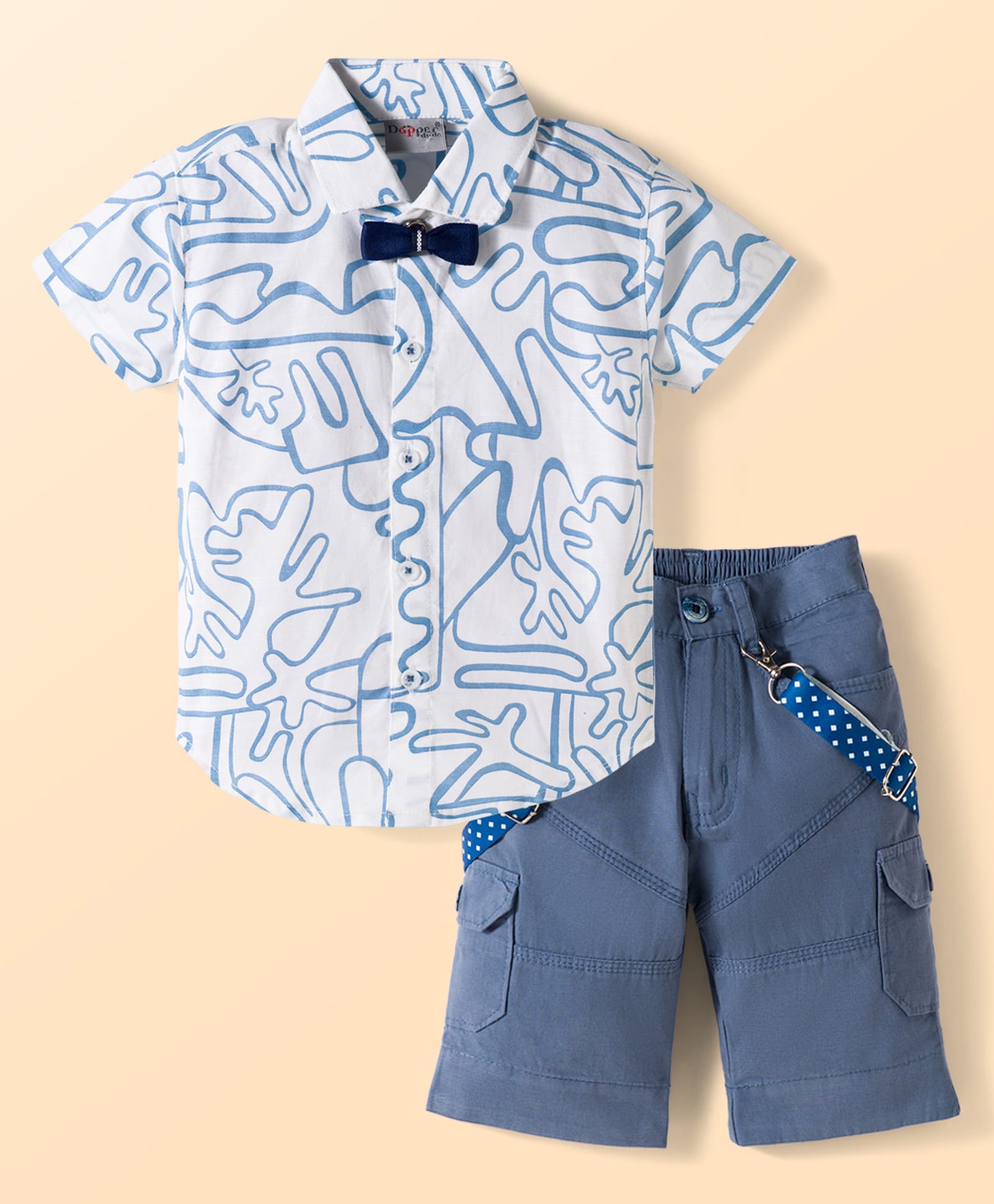 Dapper Dudes Knit Half Sleeves Abstract Printed Shirt & Shorts Set With Bow & Suspender - Blue-image-20