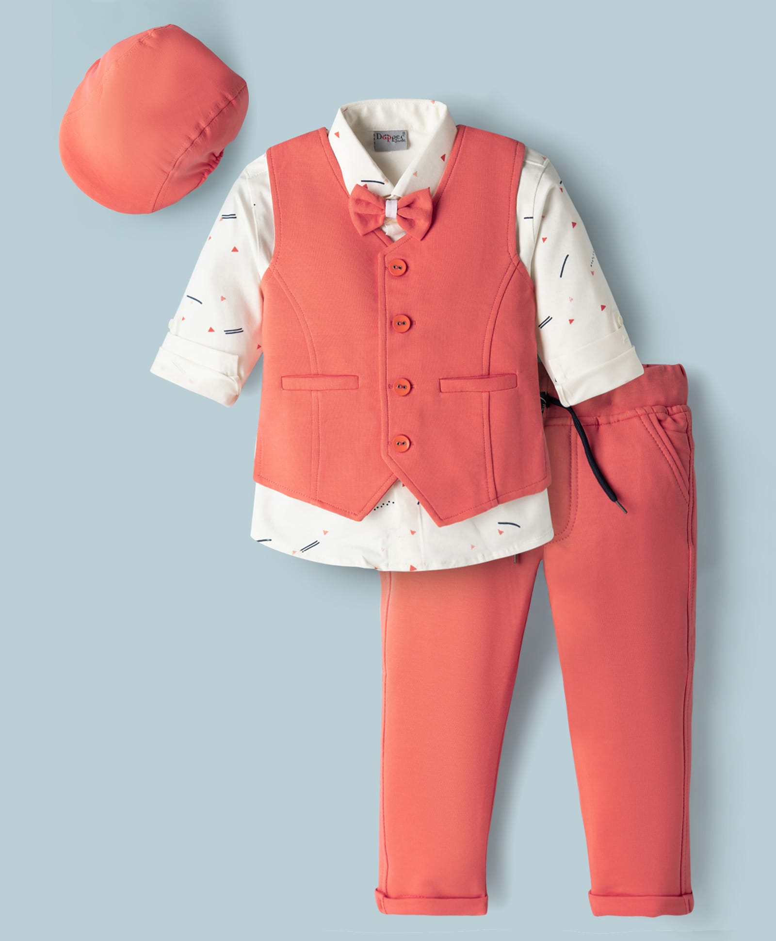 Dapper Dudes Woven Full Sleeves Printed 3 Piece Party Suit With Bow & Cap - Orange-picture-19
