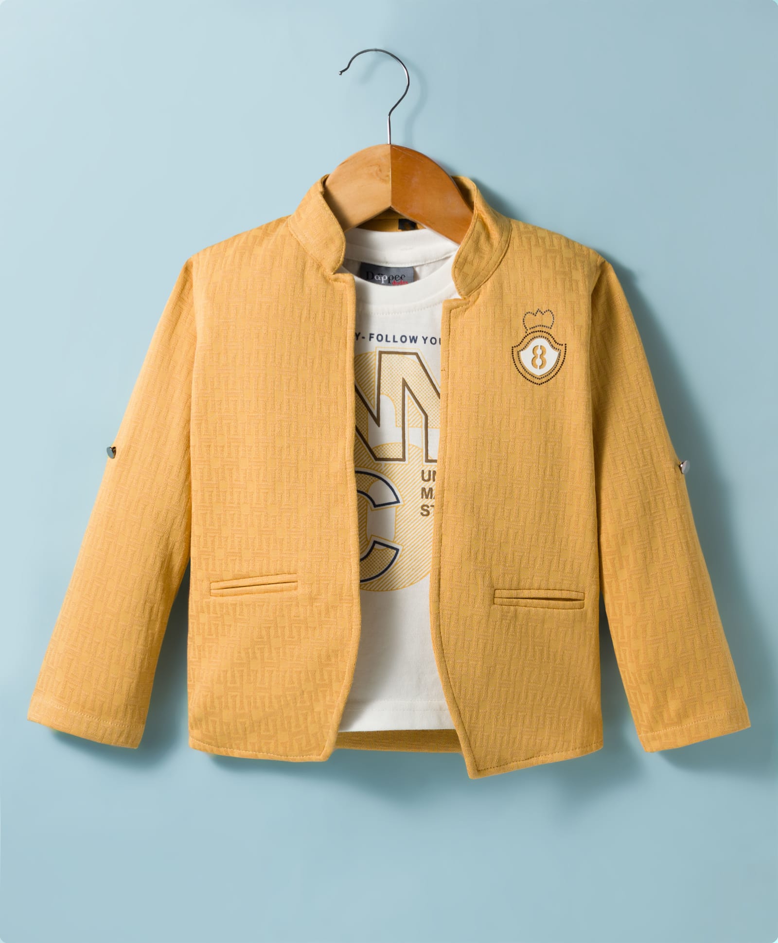 Dapper Dudes Woven Full Sleeves Self Design Jacket With Typographic Printed Tee - Gold-image-49
