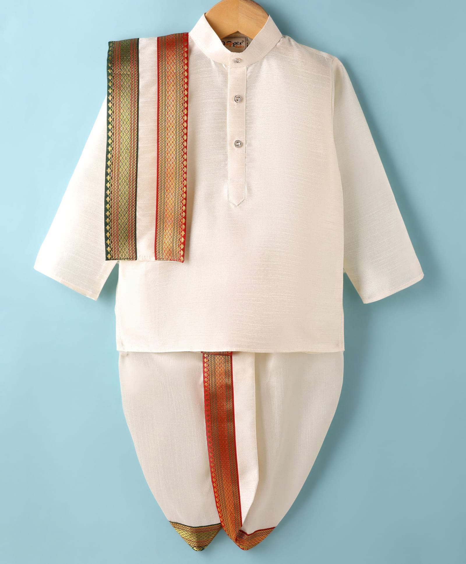 Dapper Dudes Woven Full Sleeves Solid Color Kurta With Dhoti & Angavastram - Off White-image-39