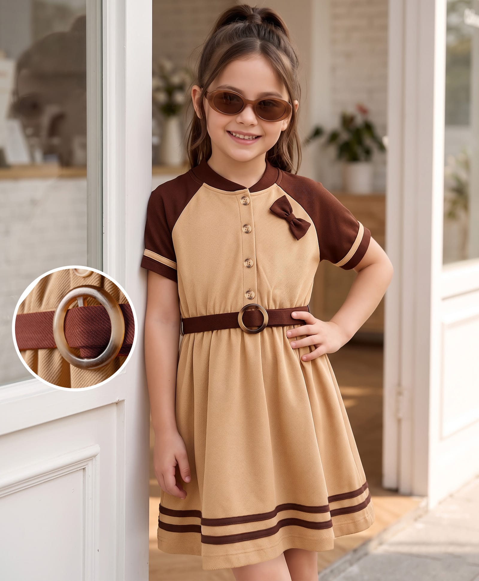 Hola Bonita Knit Half Sleeve Solid Colour Dress with Belt & Bow Applique - Brown-picture-23