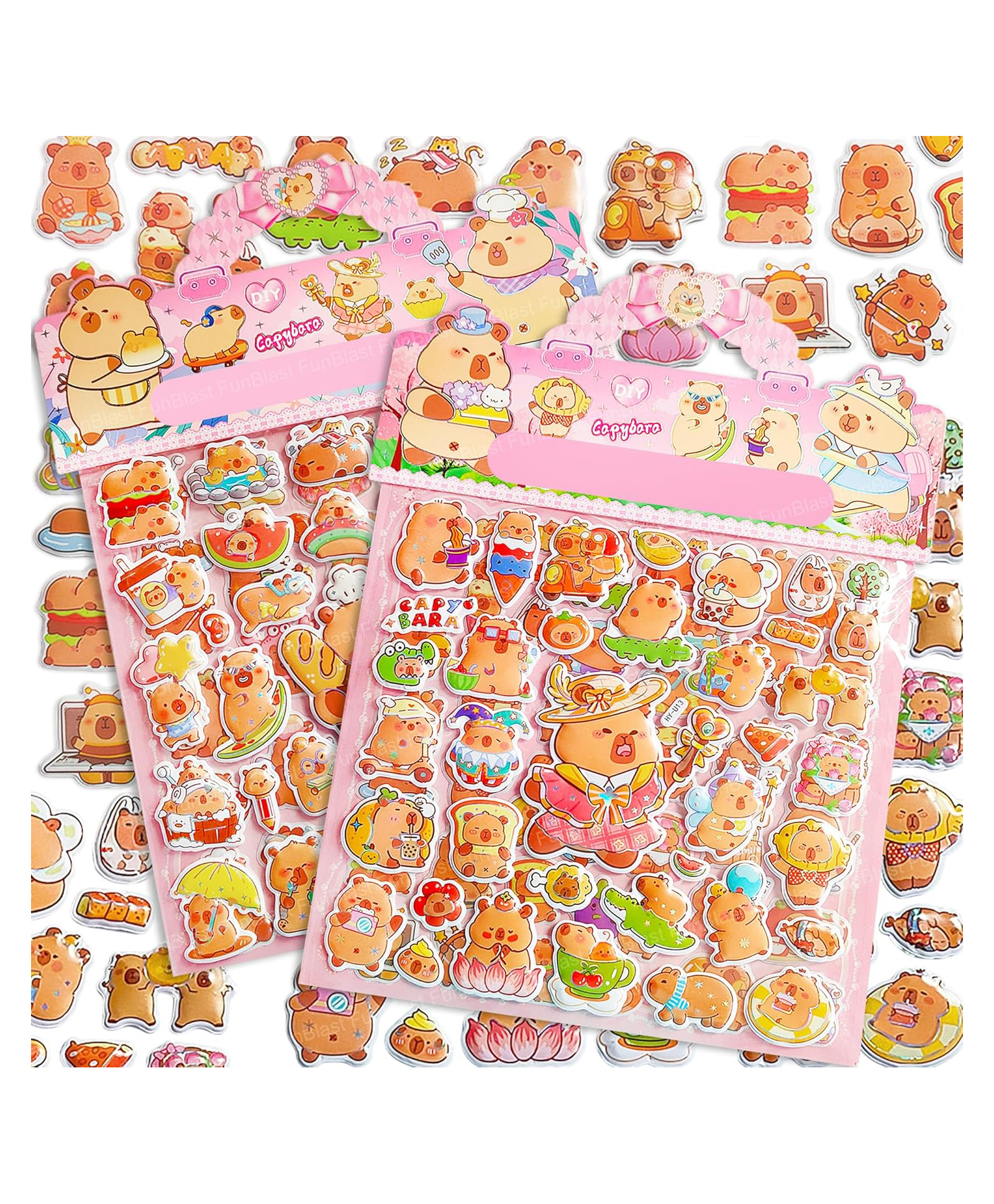 FunBlast Colorful Capybara Shaped 3D Self-Adhesive Puffy Stickers for Kids Pack of 4 Sheets/120+ Stickers (Pink)