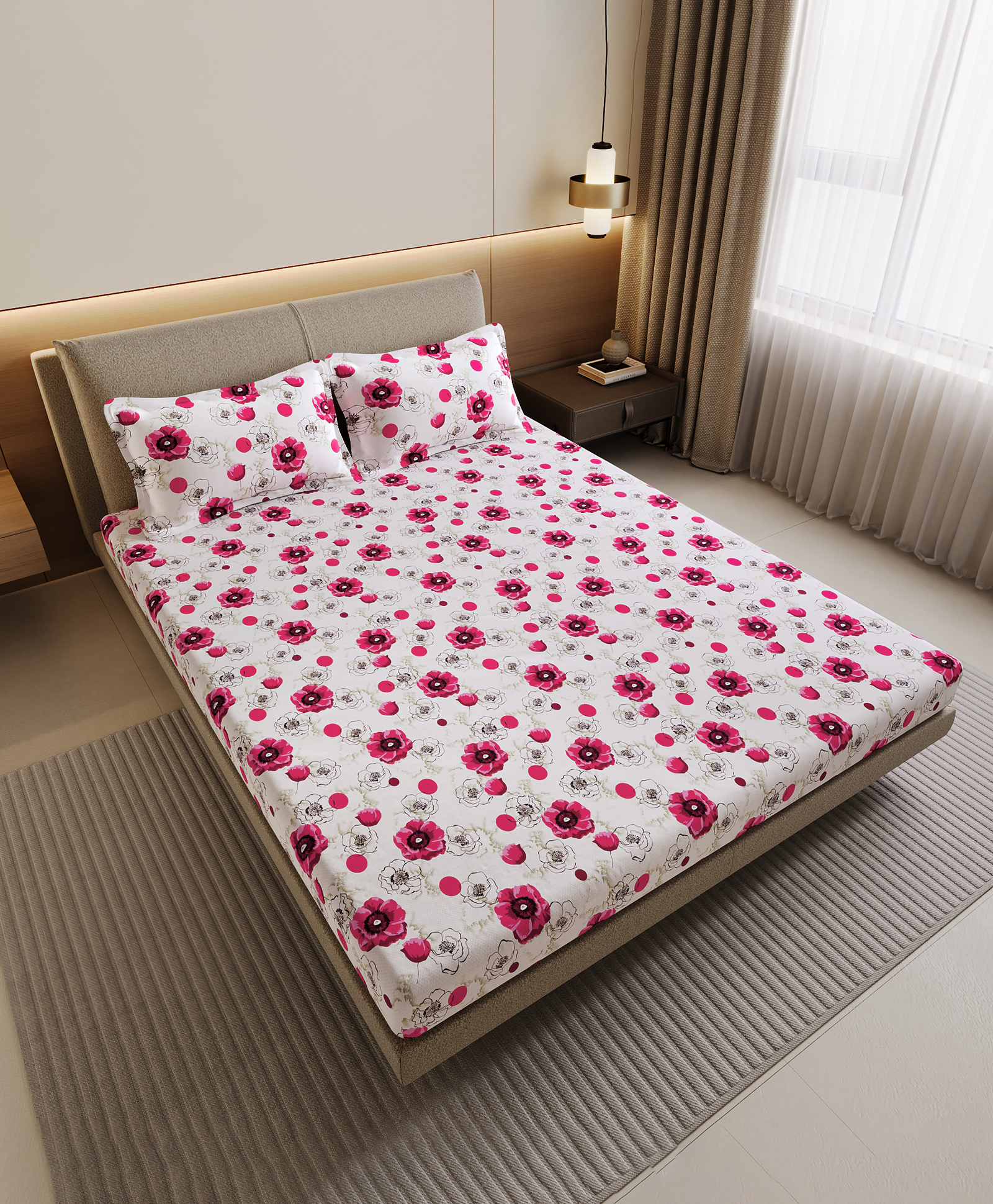 Divine Casa 144 TC Pink Floral Cotton Flat Double Bedsheet with 2 Pillow Covers (254 X 222) cm-picture-39