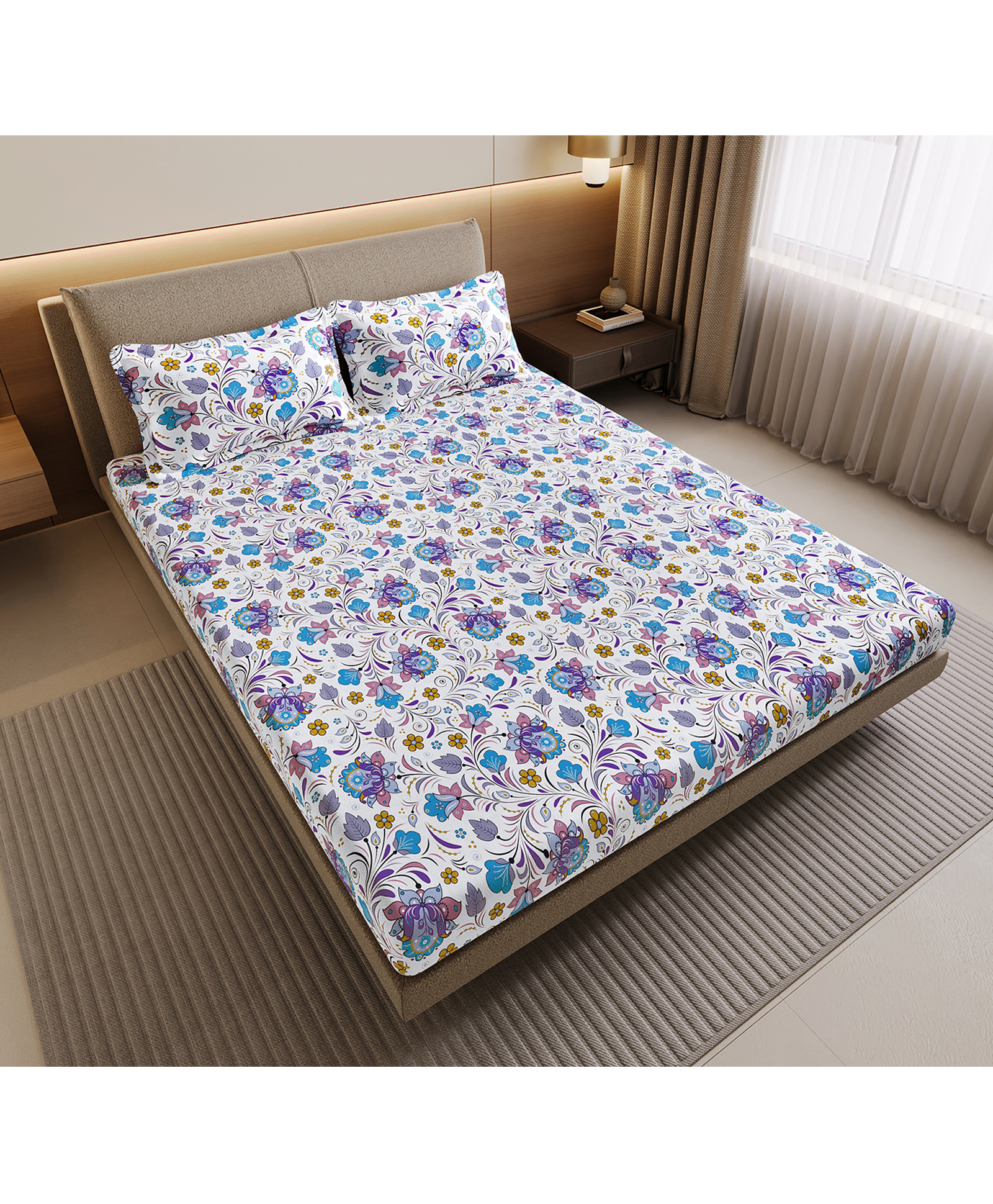 Divine Casa 144 TC Purple Floral Cotton Flat Double Bedsheet with 2 Pillow Covers (254 X 222) cm-picture-37