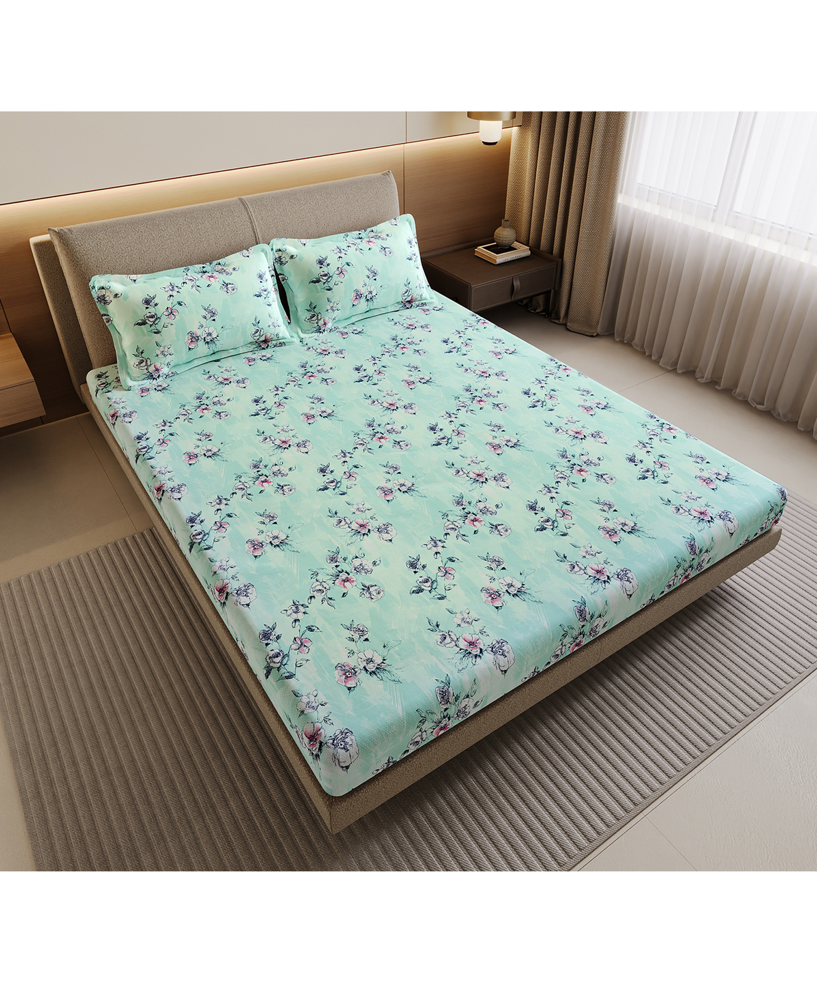 Divine Casa 144 TC Mint Green Floral Cotton Flat Double Bedsheet with 2 Pillow Covers (254 X 222) cm-picture-14