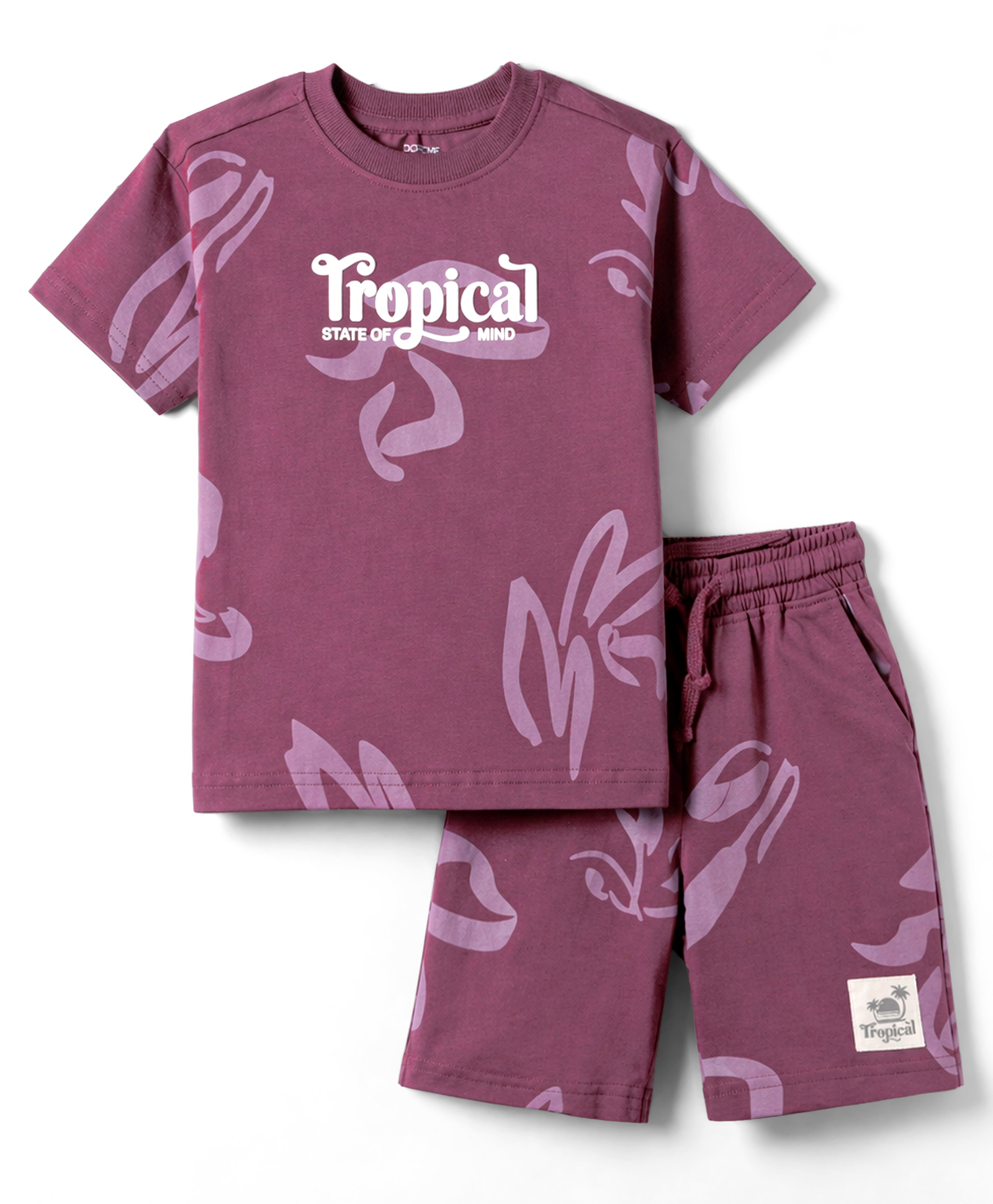Doreme Single Jersey Knit Half Sleeves Text Printed T-Shirt & Shorts Set - Plum-image-11