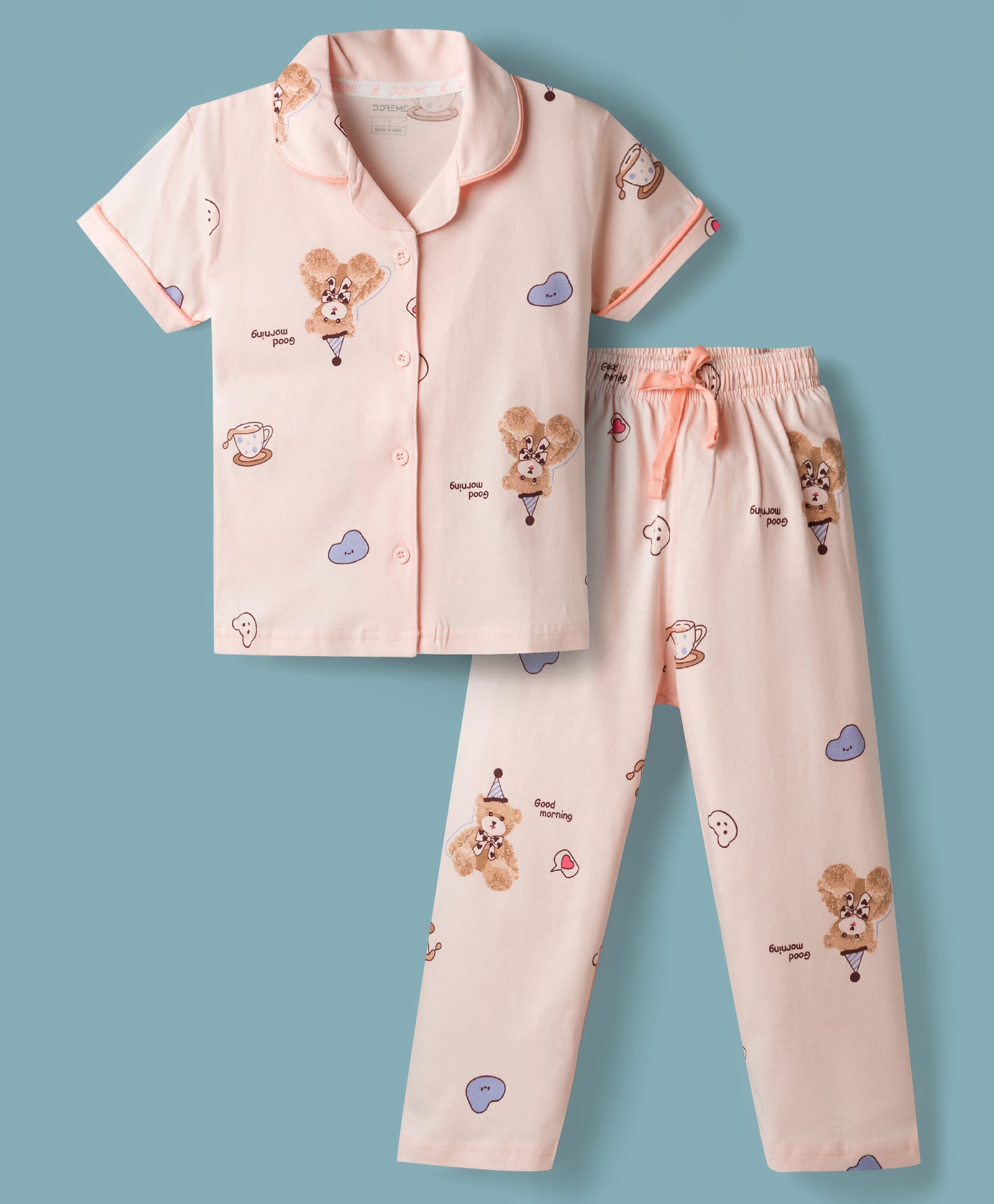 Doreme Single Jersey Knit Half Sleeves Shirt & Pyjama Co-ord Night Suit with Teddy Print - Pink-image-28