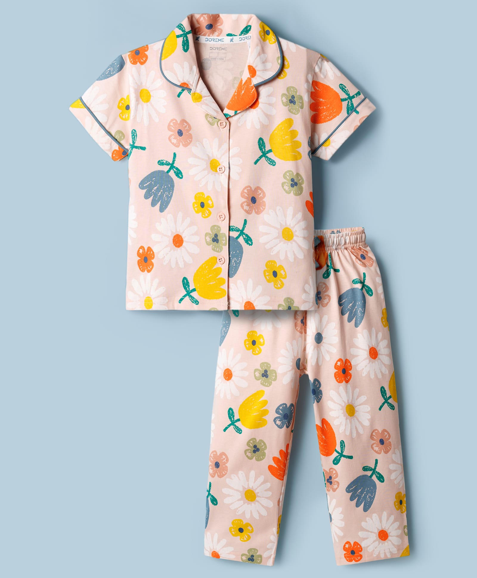 Doreme Single Jersey Knit Half Sleeves Shirt & Pyjama Co-ord Night Suit With Floral Print - Multicolor-image-28