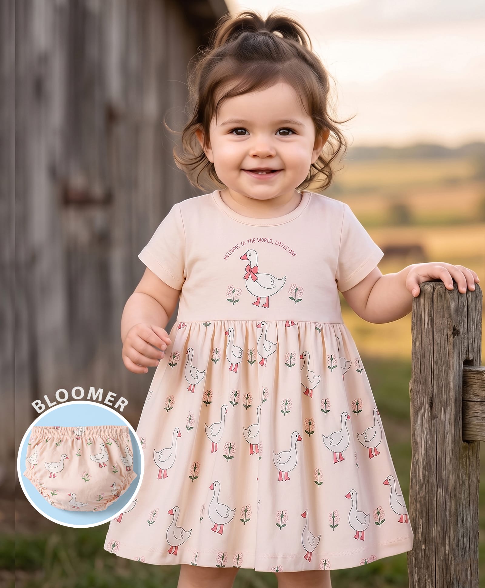 Babyhug Interlock Knit Half Sleeves Floral & Birds Printed Frock With Bloomer - Pink-image-49