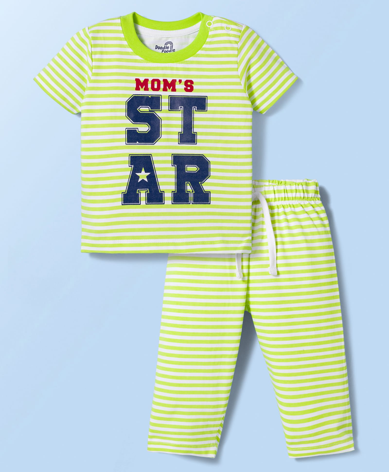 Doodle Poodle 100% Cotton Single Jersey Knit Half Sleeves Co-Ord T-Shirt & Pyjama Night Suit With Text Print - Limegreen-image-21